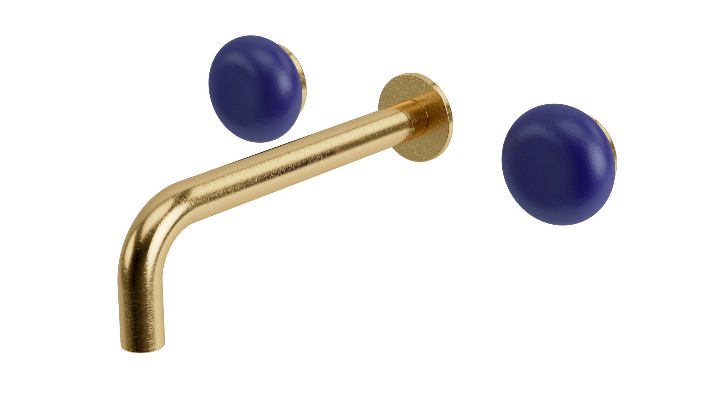 Foundry Two Handle Wall Mount 7.5" Lavatory Faucet with Pebble Ceramic Knob Handles in Satin Brass