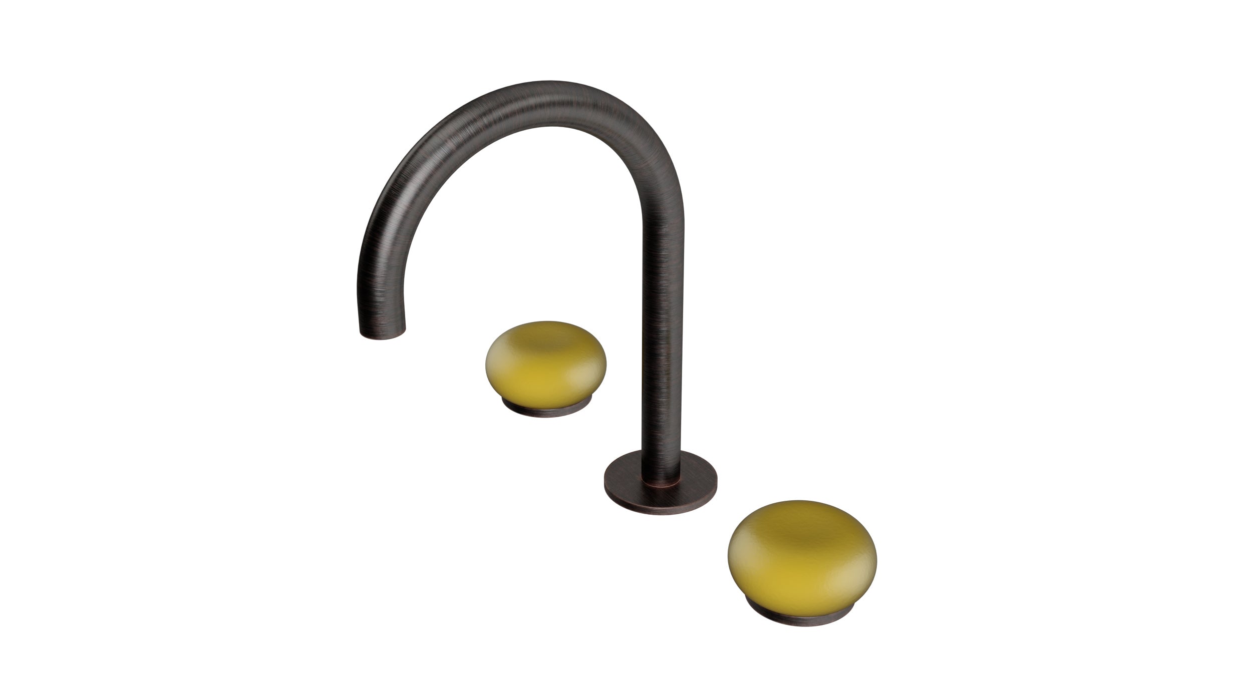 Foundry Two Handle Deck Mount Gooseneck Lavatory Faucet with Pebble Ceramic Knob Handles in Antique Bronze