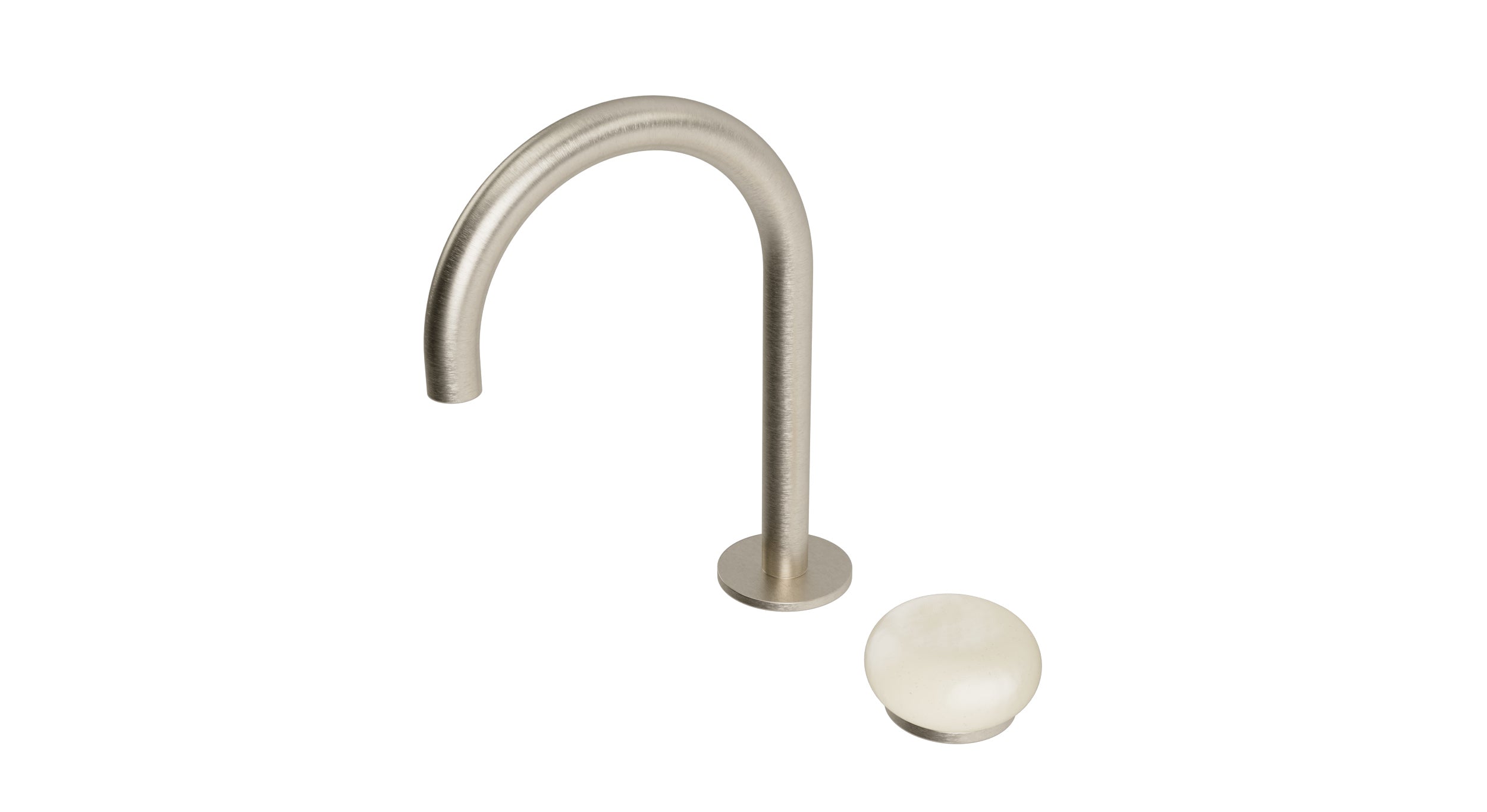 Foundry One Handle Deck Mount Gooseneck Lavatory Faucet with Pebble Ceramic Knob Handle in Satin Nickel
