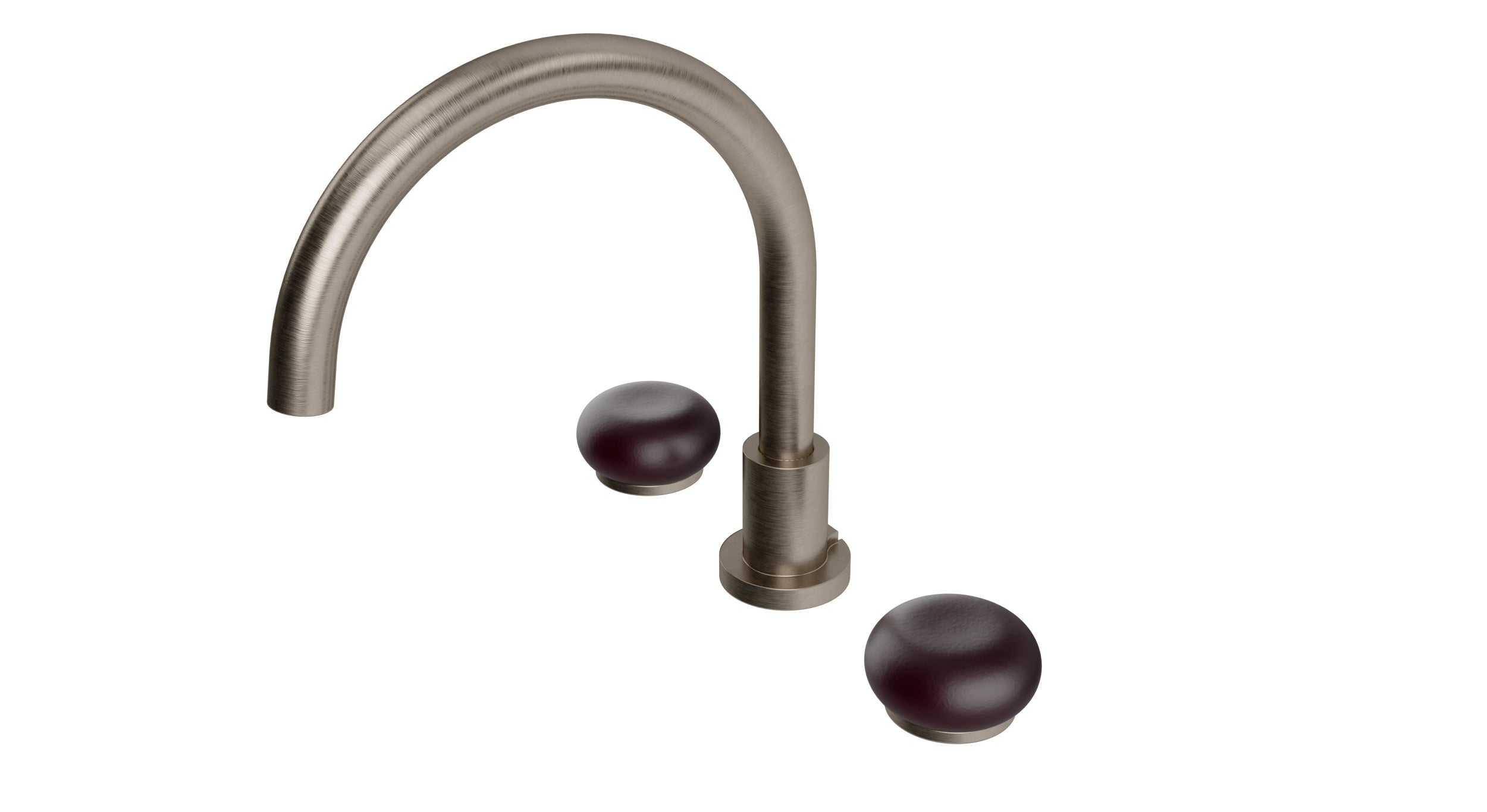 Foundry Two Handle Deck Mount Gooseneck Bath Trim with Pebble Ceramic Knob Handles in Antique Nickel
