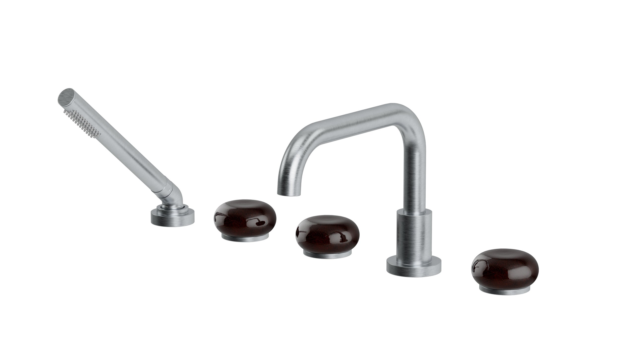 Foundry Three Handle Deck Mount Squaretop Bath Trim with Hand Shower and Pebble Ceramic Knob Handles in Satin Chrome