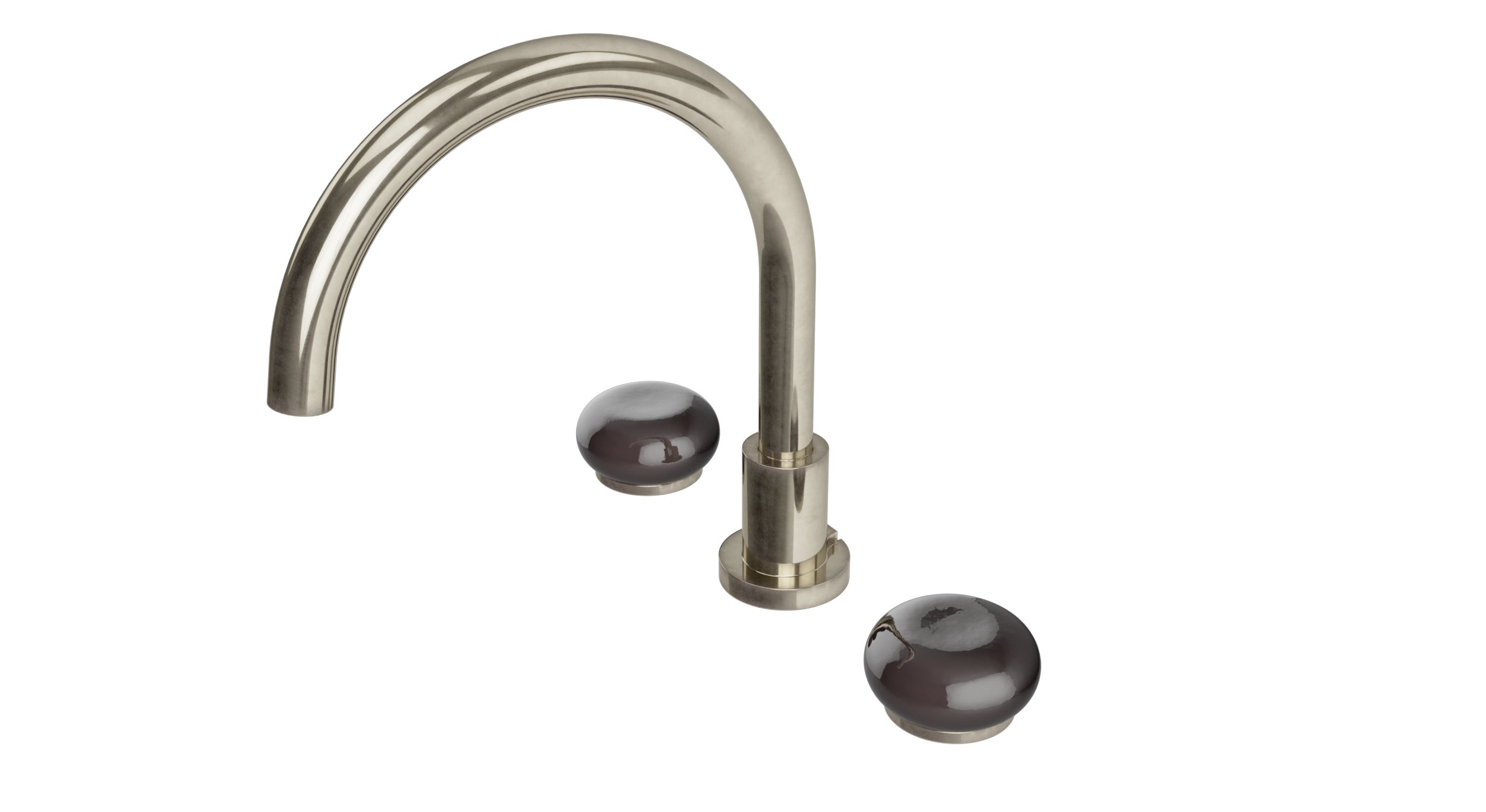 Foundry Two Handle Deck Mount Gooseneck Bath Trim with Pebble Ceramic Knob Handles in French Nickel