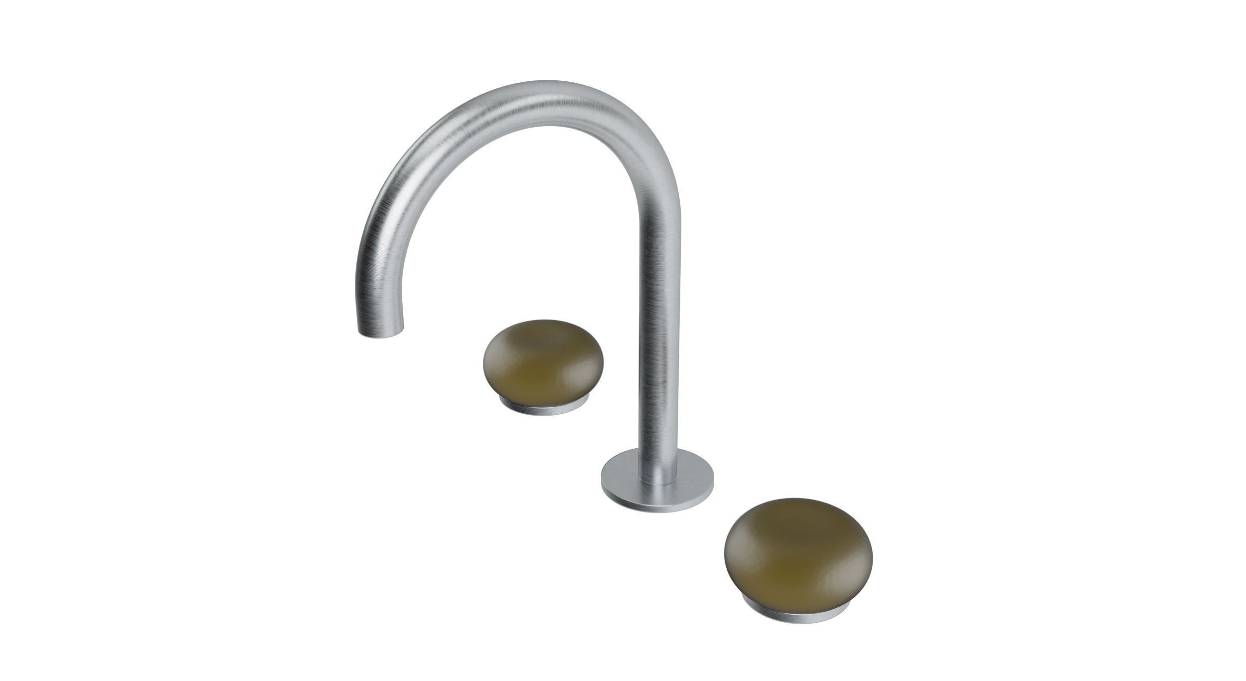 Foundry Two Handle Deck Mount Gooseneck Lavatory Faucet with Pebble Ceramic Knob Handles in Satin Chrome