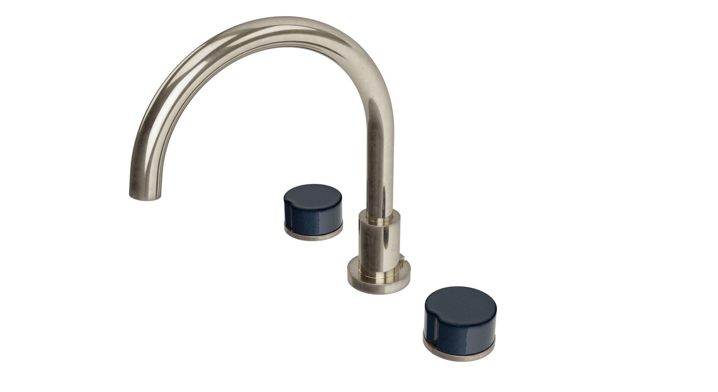 Foundry Two Handle Deck Mount Gooseneck Bath Trim with Groove Ceramic Knob Handles in French Nickel