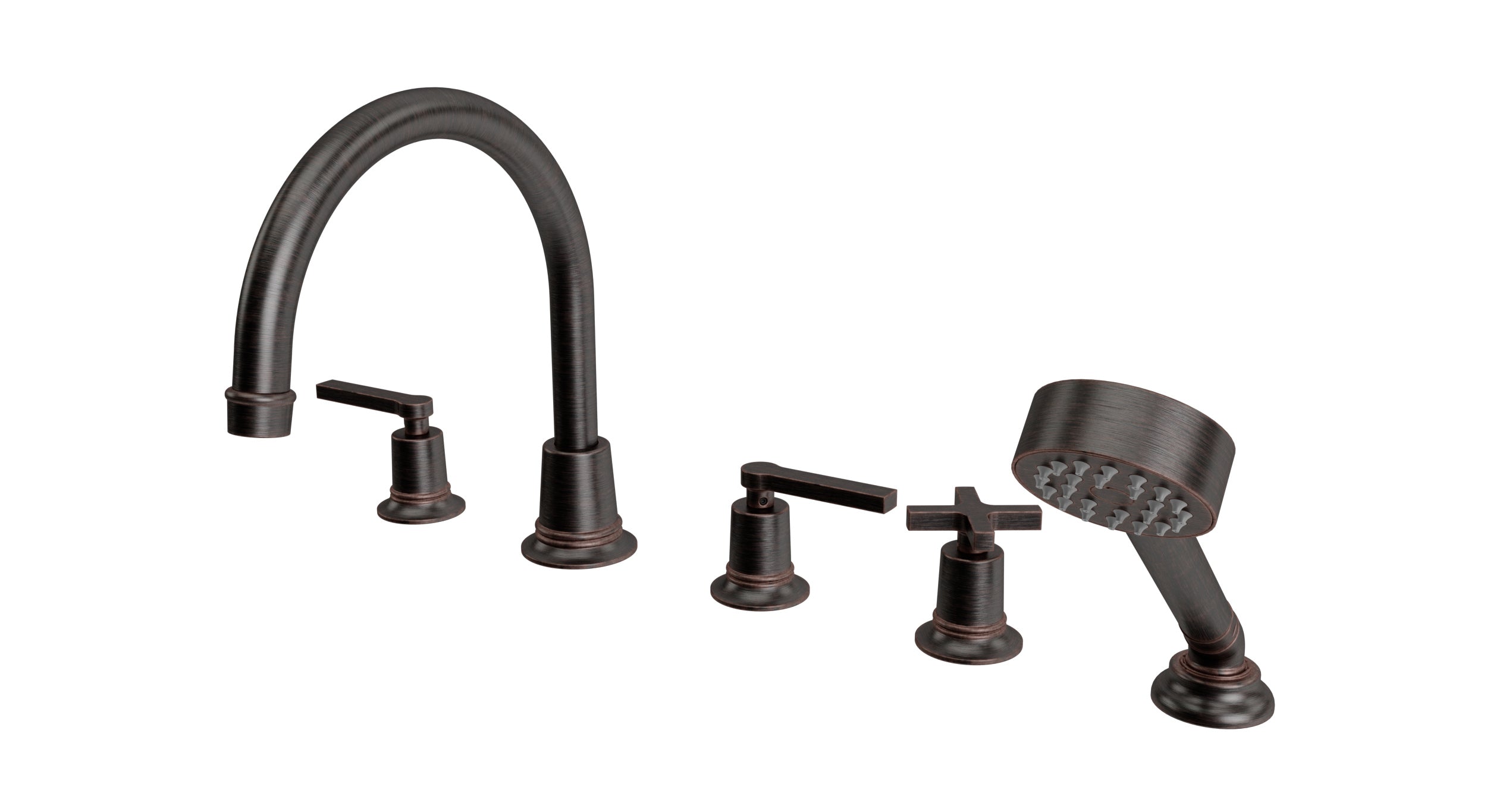Emerson Three Handle Deck Mount Gooseneck Bath Trim with Hand Shower and Classic Cross/Classic Lever Handles in Antique Bronze