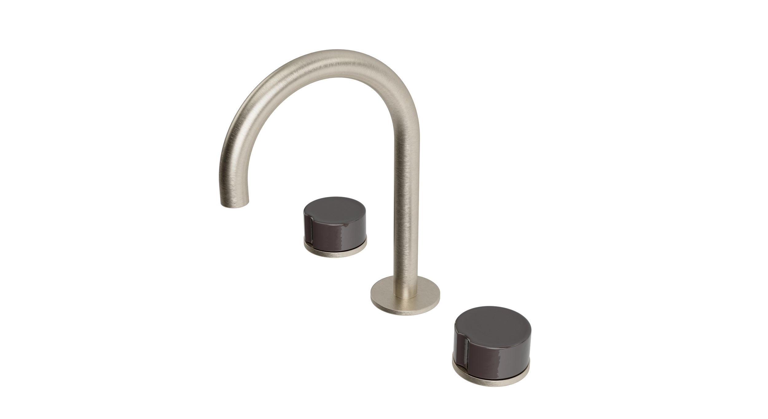 Foundry Two Handle Deck Mount Gooseneck Lavatory Faucet with Groove Ceramic Knob Handles in Satin Nickel