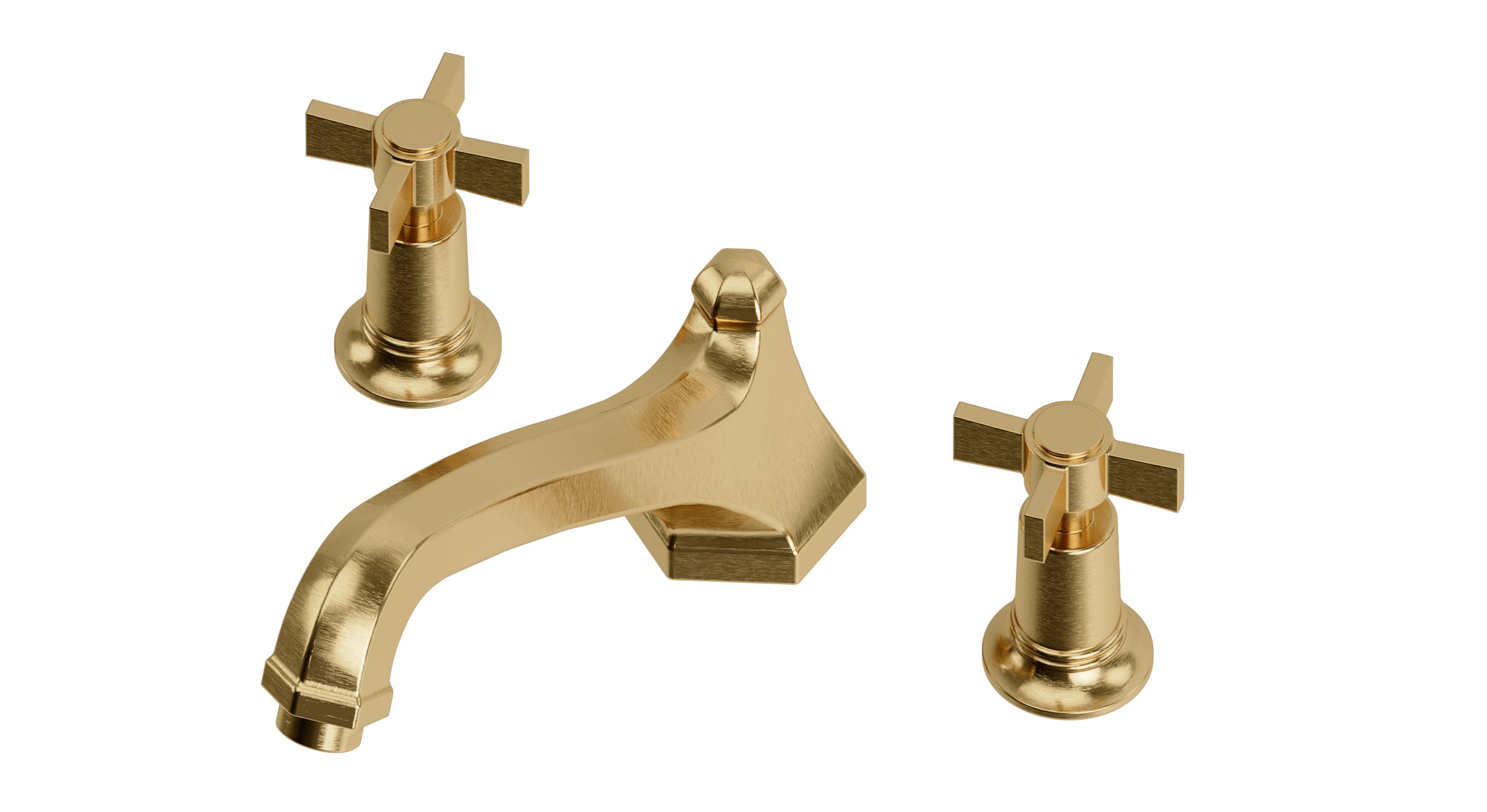 Emerson Two Handle Deck Mount Low Hexagon Bath Trim with Defined Cross Handles in Satin Brass