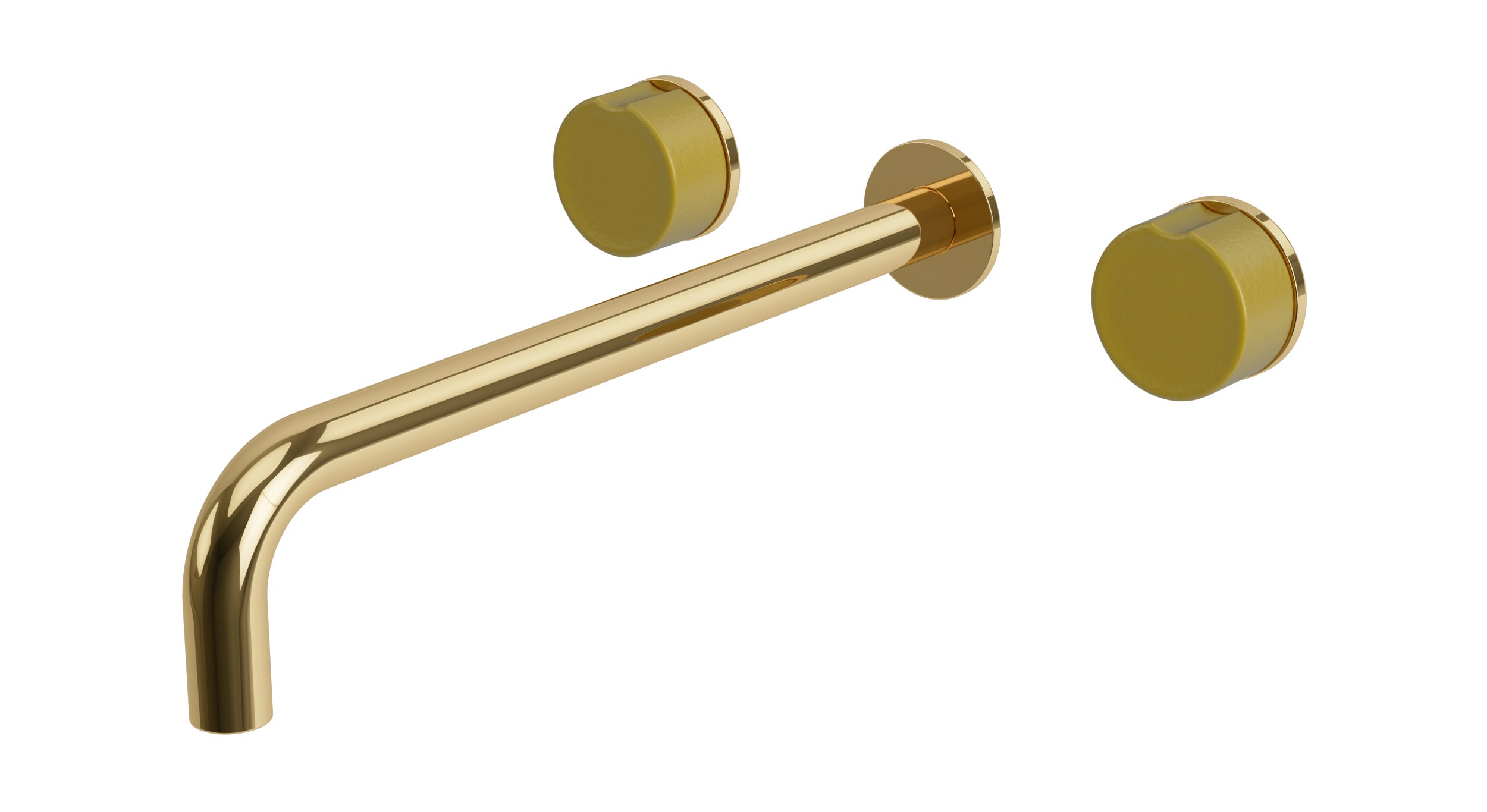 Foundry Two Handle Wall Mount 12" Lavatory Faucet with Groove Ceramic Knob Handles in Polished Brass