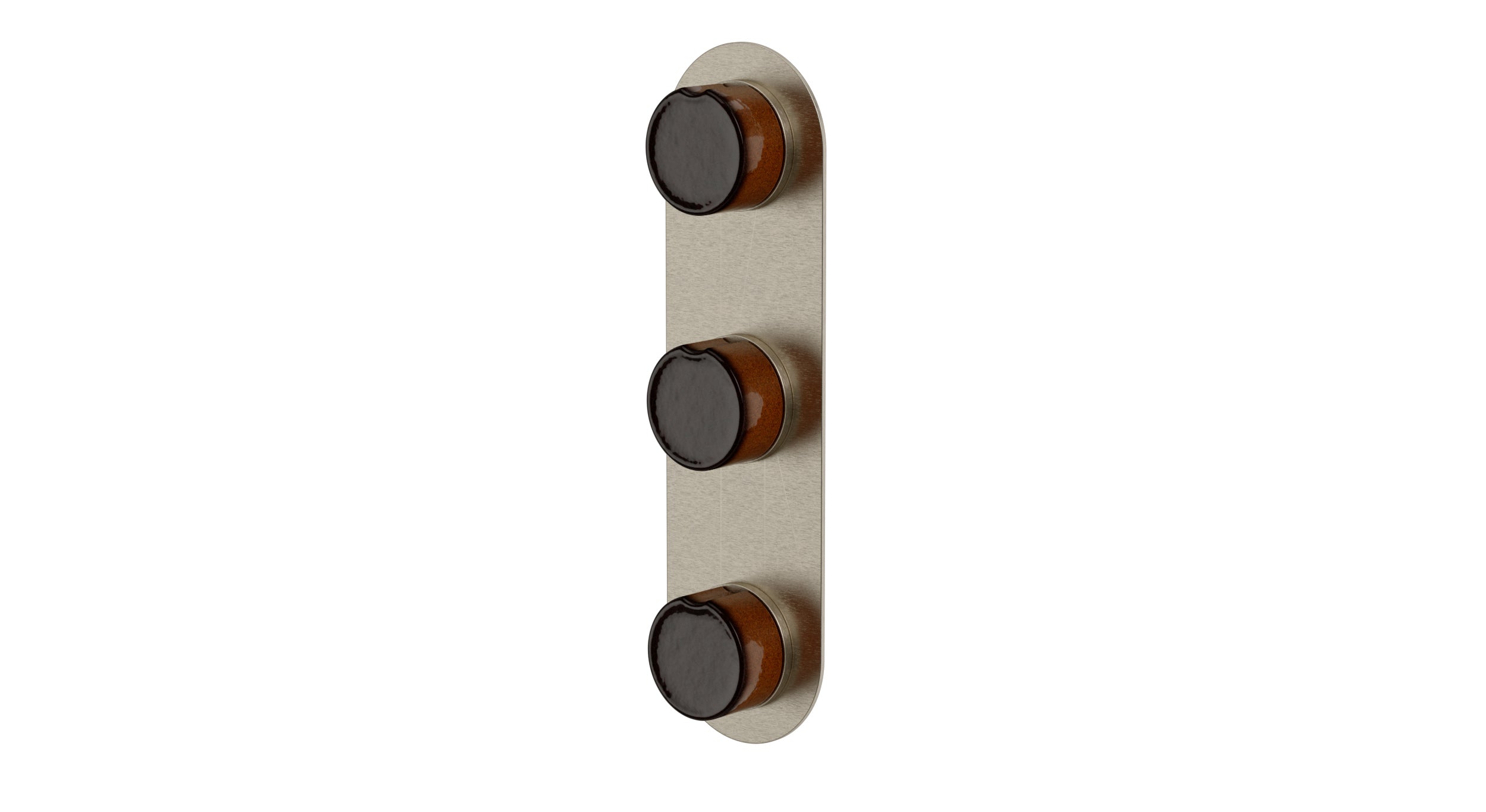 Foundry Three Handle Wall Mount Shower Trim with Groove Ceramic Knob Handles in Satin Nickel