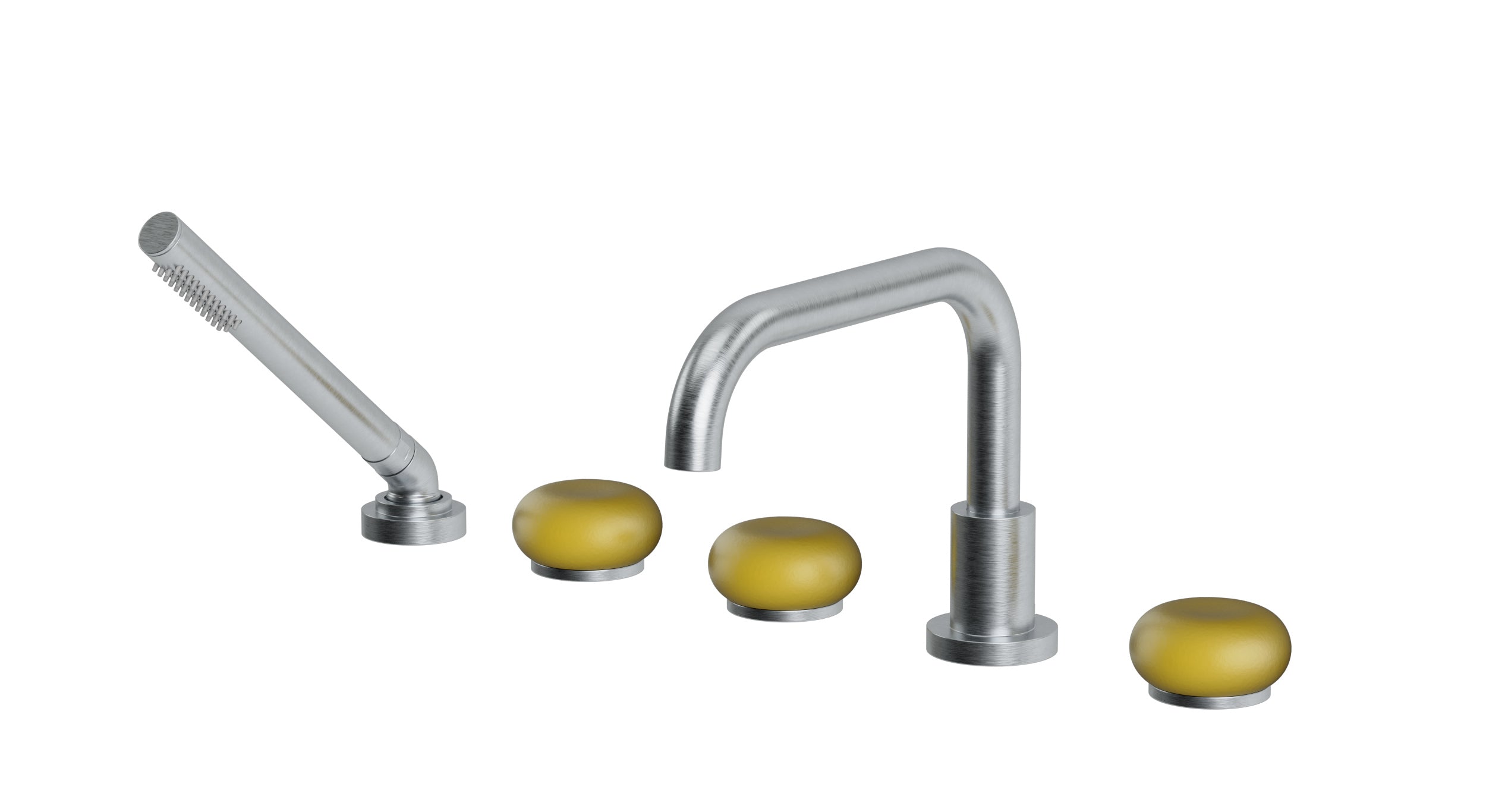 Foundry Three Handle Deck Mount Squaretop Bath Trim with Hand Shower and Pebble Ceramic Knob Handles in Satin Chrome