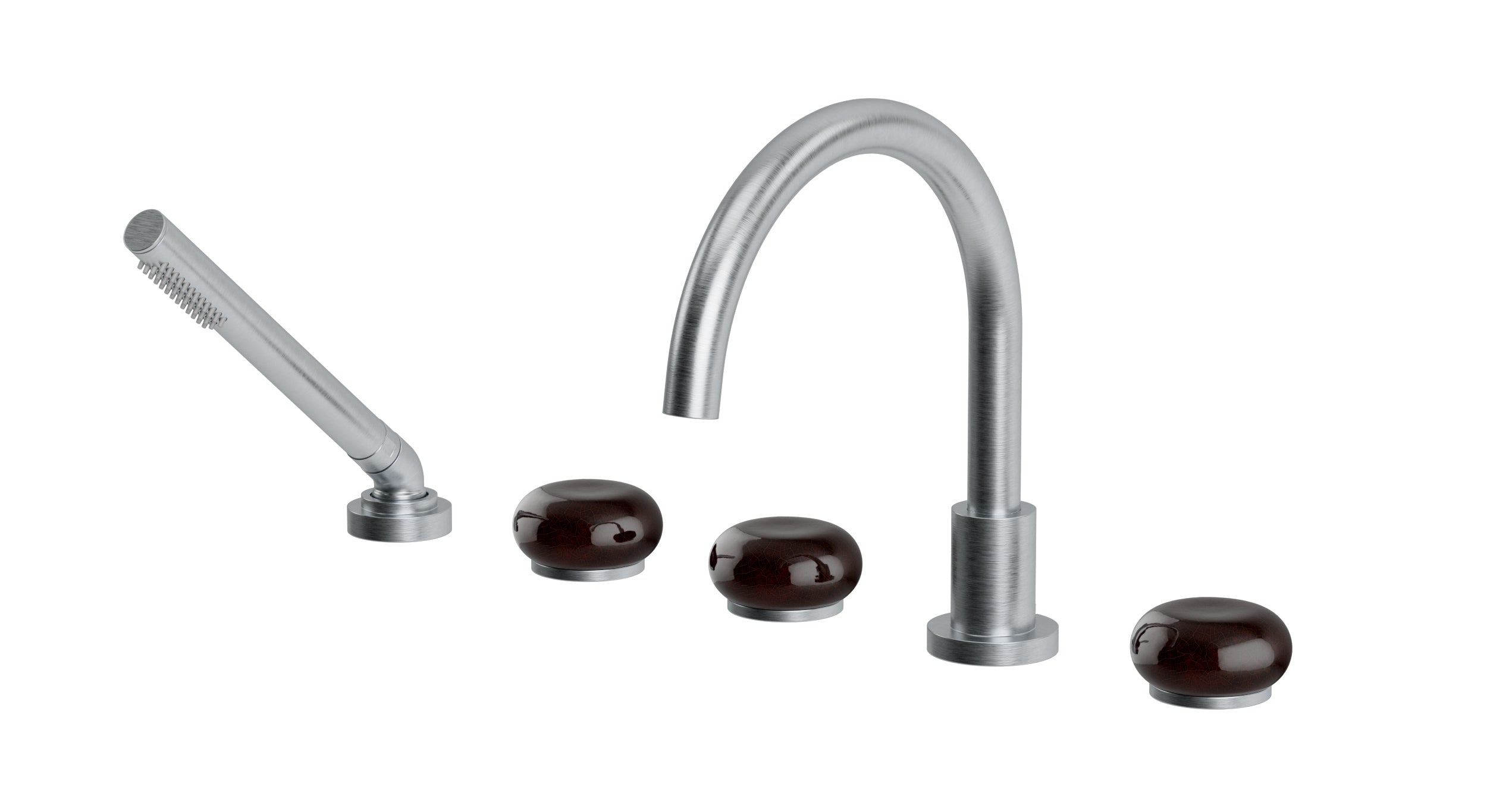 Foundry Three Handle Deck Mount Gooseneck Bath Trim with Hand Shower and Pebble Ceramic Knob Handles in Satin Chrome