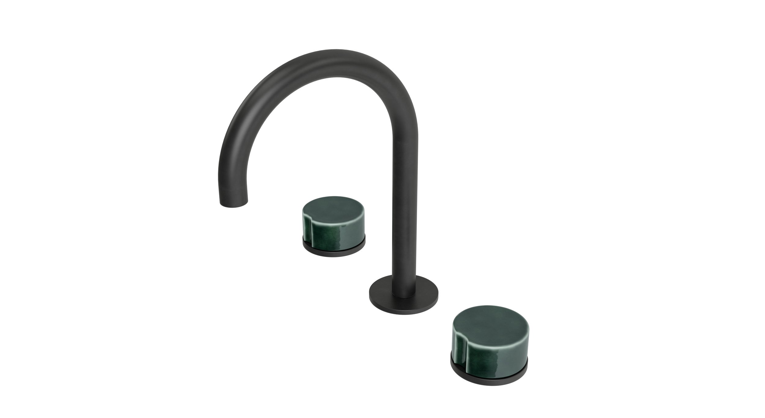 Foundry Two Handle Deck Mount Gooseneck Lavatory Faucet with Groove Ceramic Knob Handles in Oil Rubbed Bronze