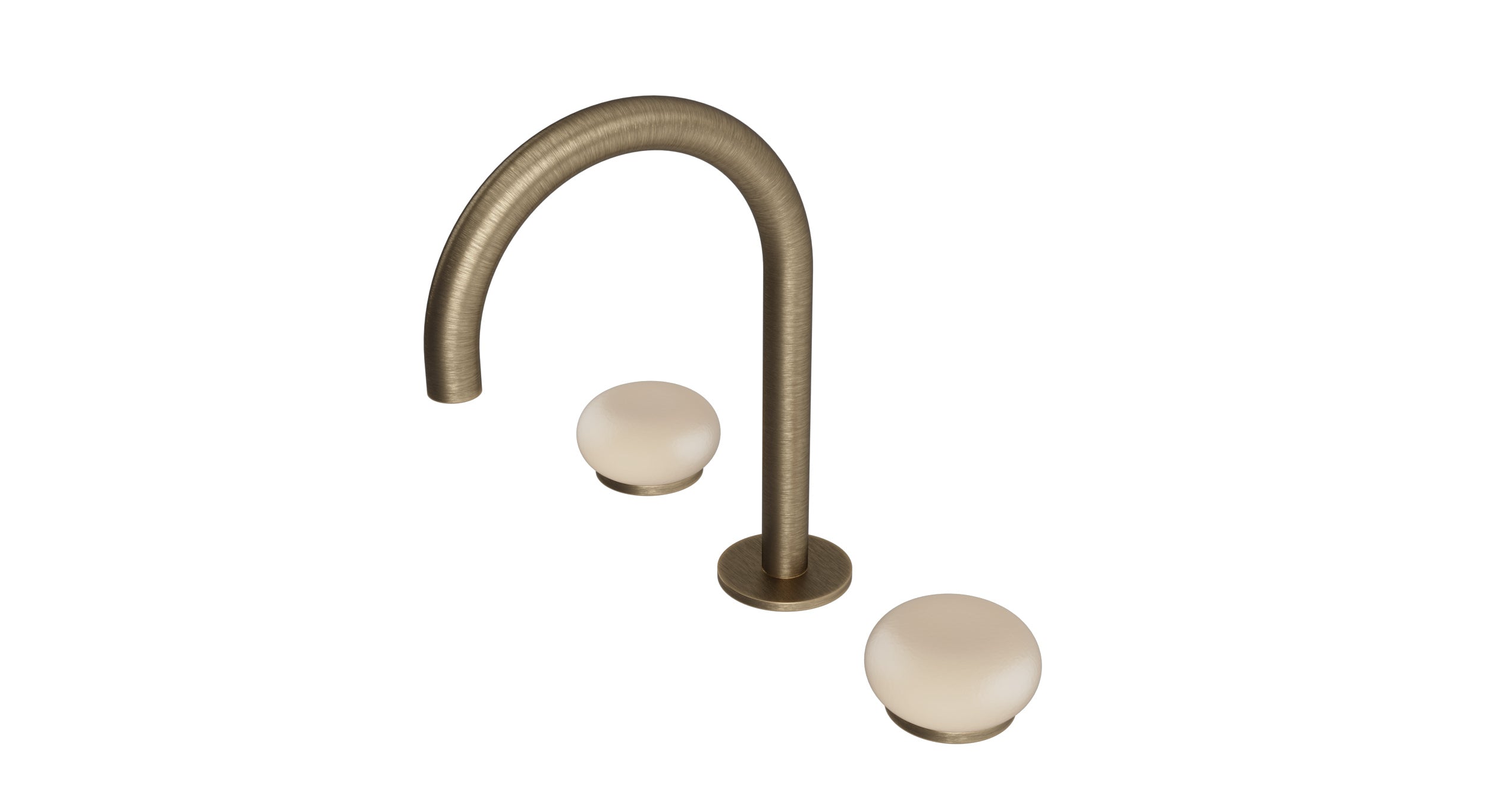 Foundry Two Handle Deck Mount Gooseneck Lavatory Faucet with Pebble Ceramic Knob Handles in Antique Brass