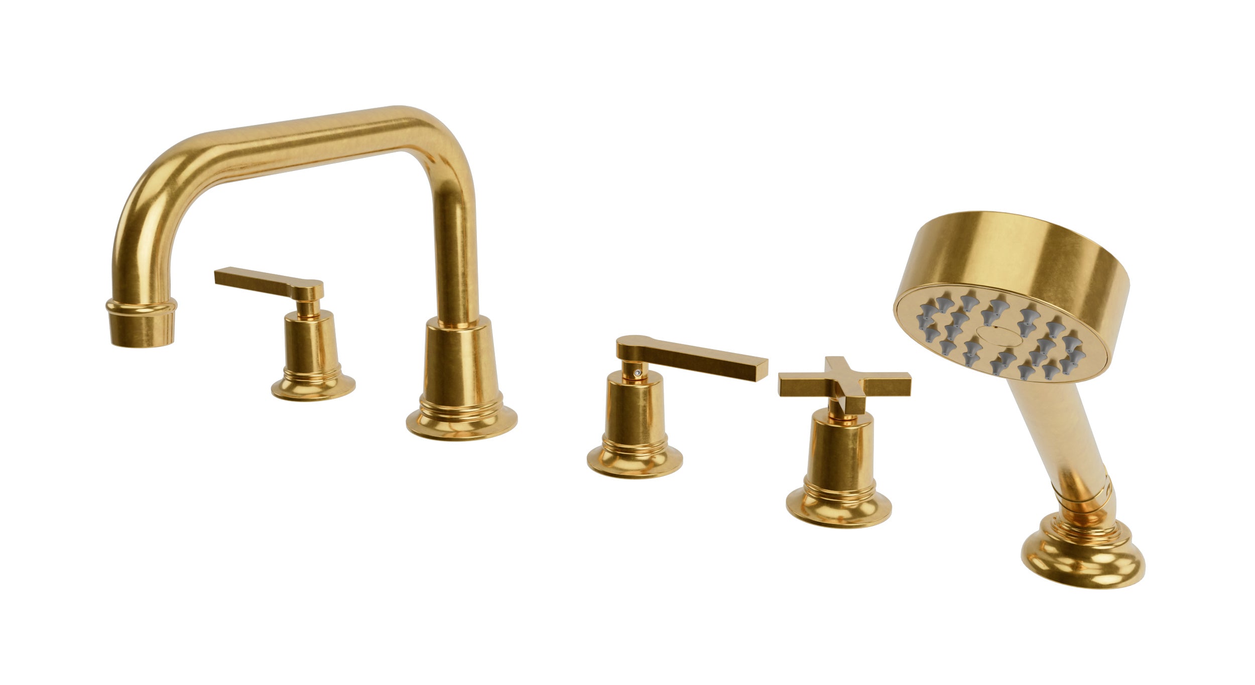 Emerson Three Handle Deck Mount Squaretop Bath Trim with Hand Shower and Classic Cross/Classic Lever Handles in French Brass