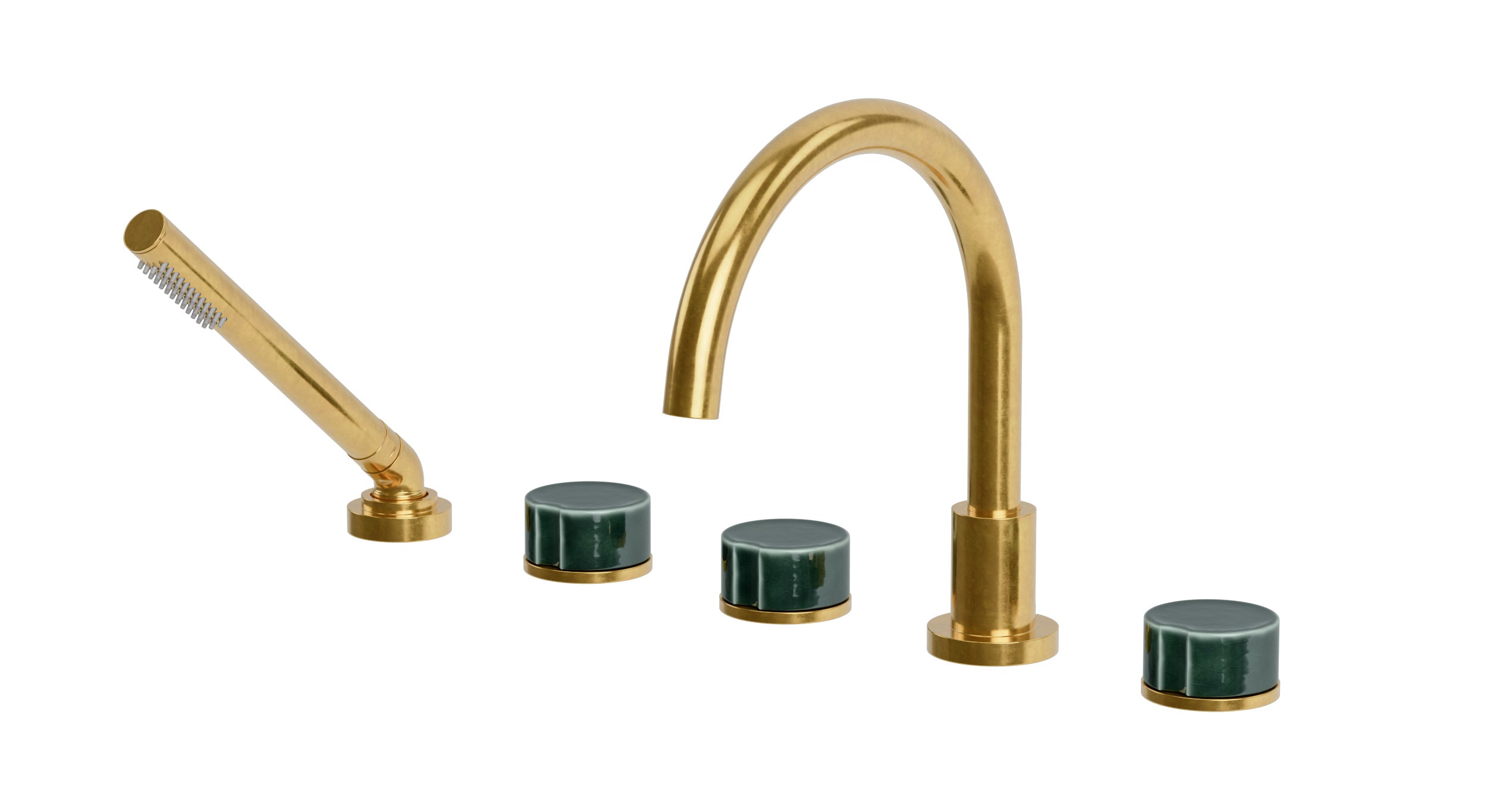Foundry Three Handle Deck Mount Gooseneck Bath Trim with Hand Shower and Groove Ceramic Knob Handles in French Brass