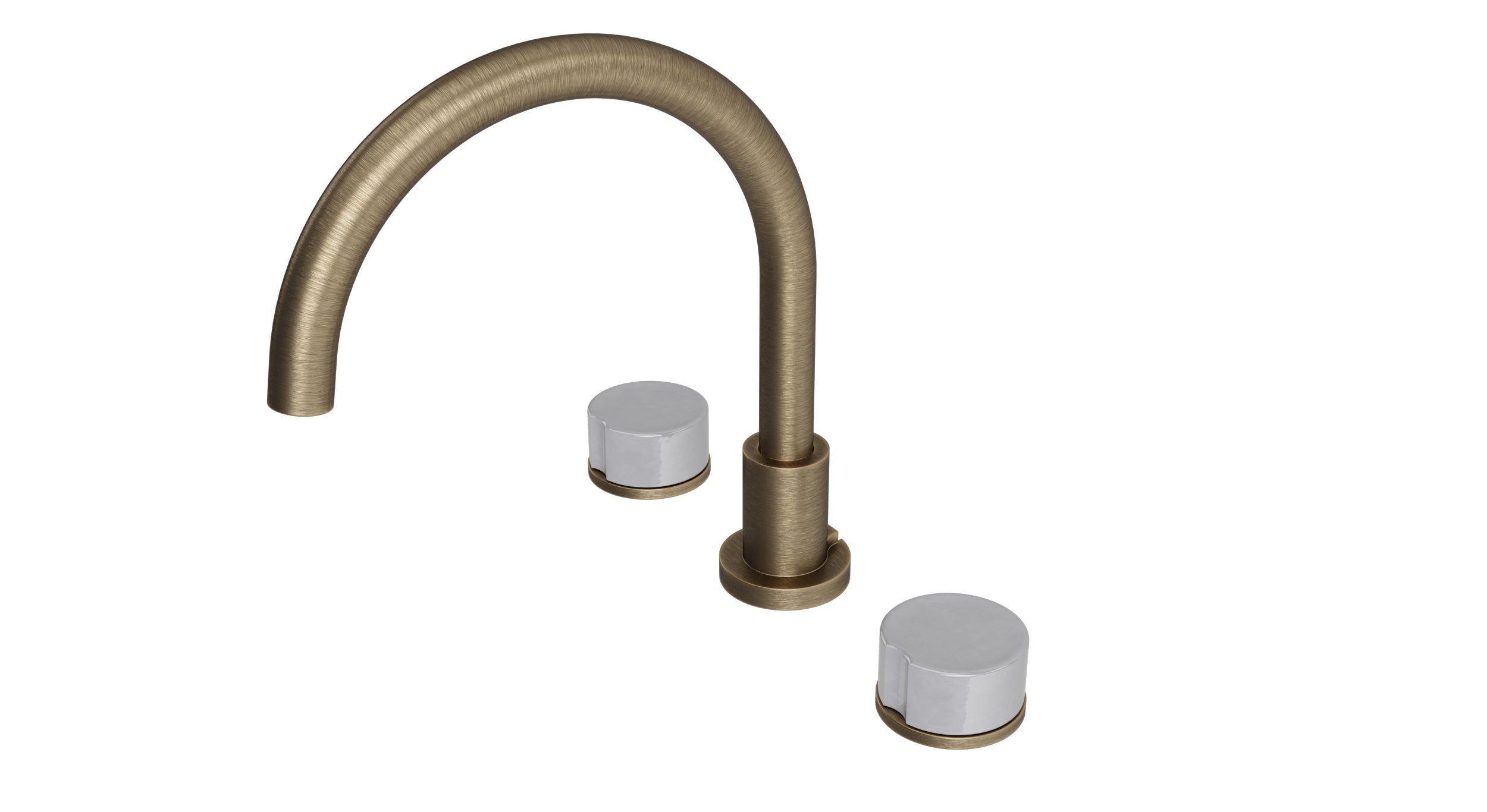 Foundry Two Handle Deck Mount Gooseneck Bath Trim with Groove Ceramic Knob Handles in Antique Brass