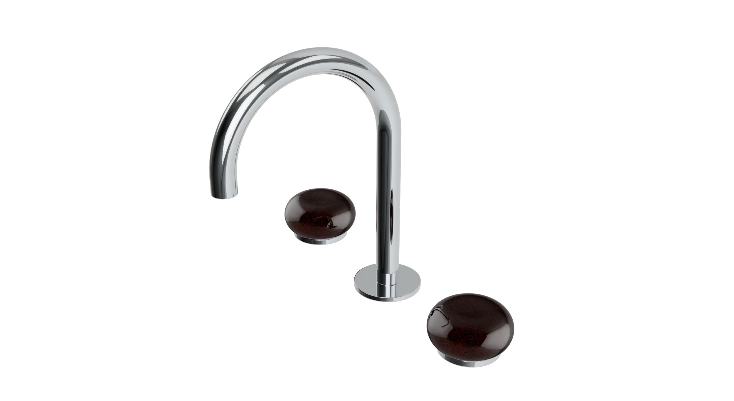Foundry Two Handle Deck Mount Gooseneck Lavatory Faucet with Pebble Ceramic Knob Handles in Polished Chrome