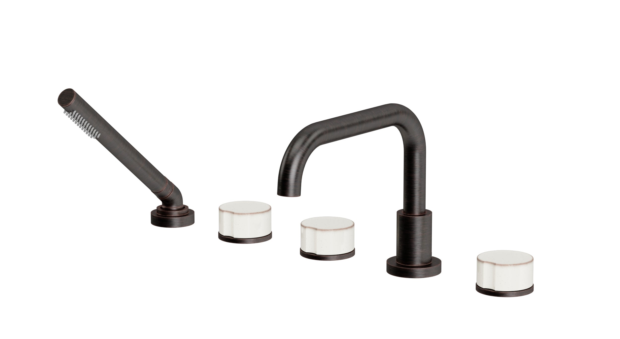 Foundry Three Handle Deck Mount Squaretop Bath Trim with Hand Shower and Groove Ceramic Knob Handles in Antique Bronze