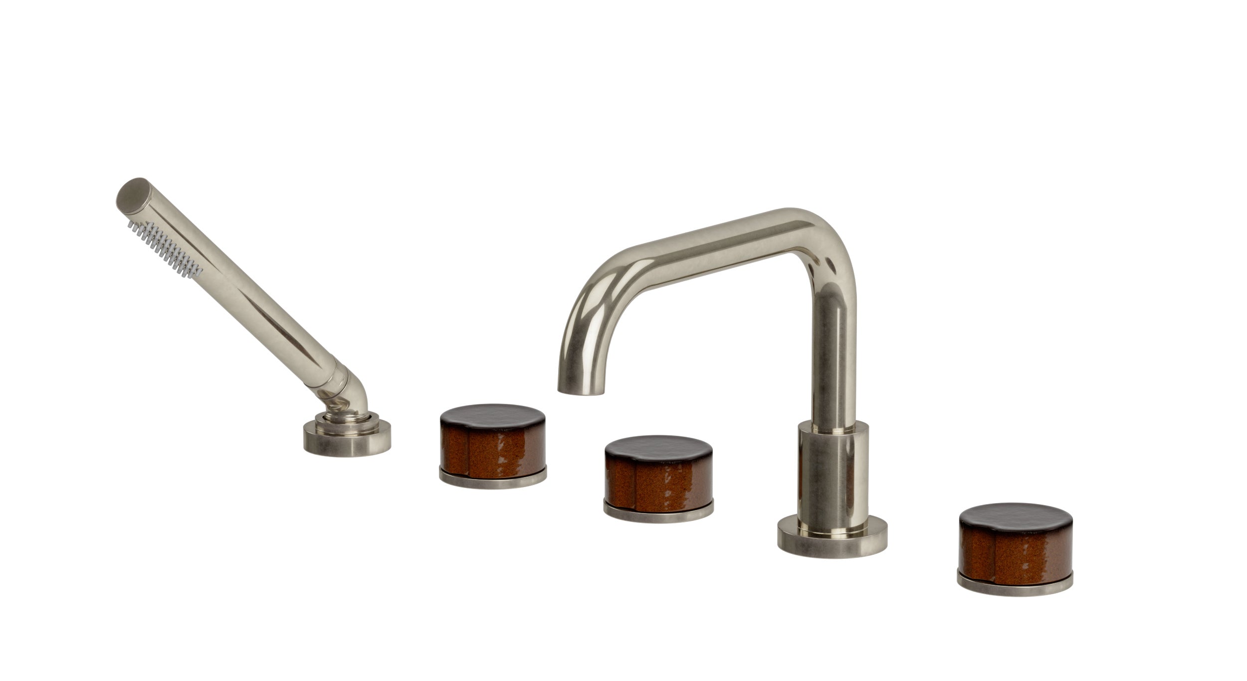 Foundry Three Handle Deck Mount Squaretop Bath Trim with Hand Shower and Groove Ceramic Knob Handles in French Nickel
