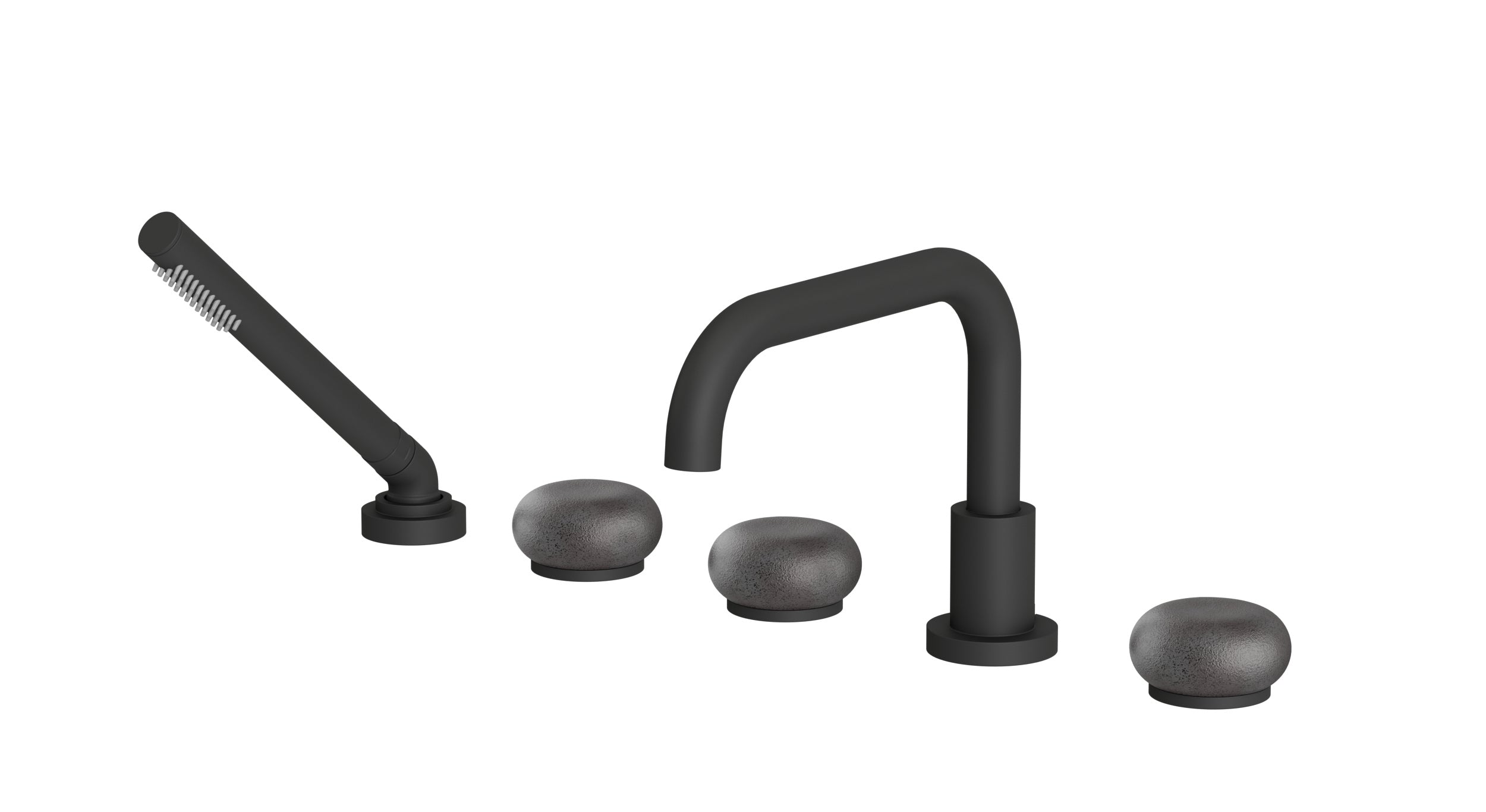 Foundry Three Handle Deck Mount Squaretop Bath Trim with Hand Shower and Pebble Ceramic Knob Handles in Matte Black