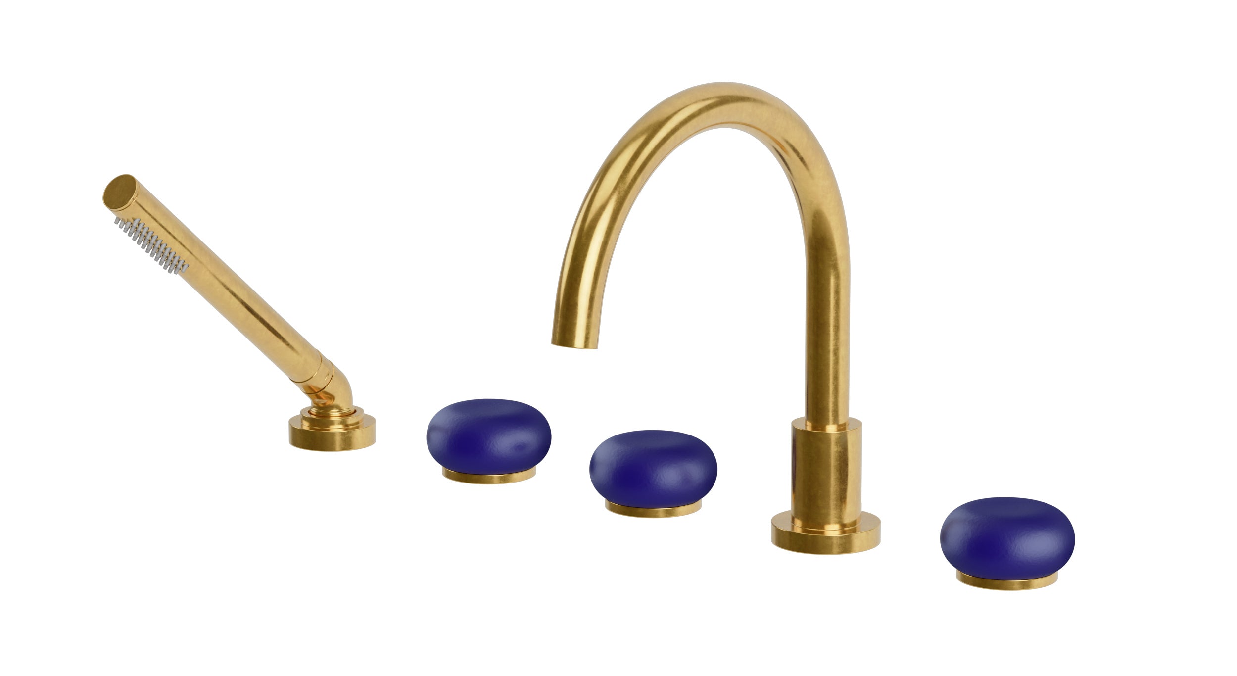 Foundry Three Handle Deck Mount Gooseneck Bath Trim with Hand Shower and Pebble Ceramic Knob Handles in French Brass