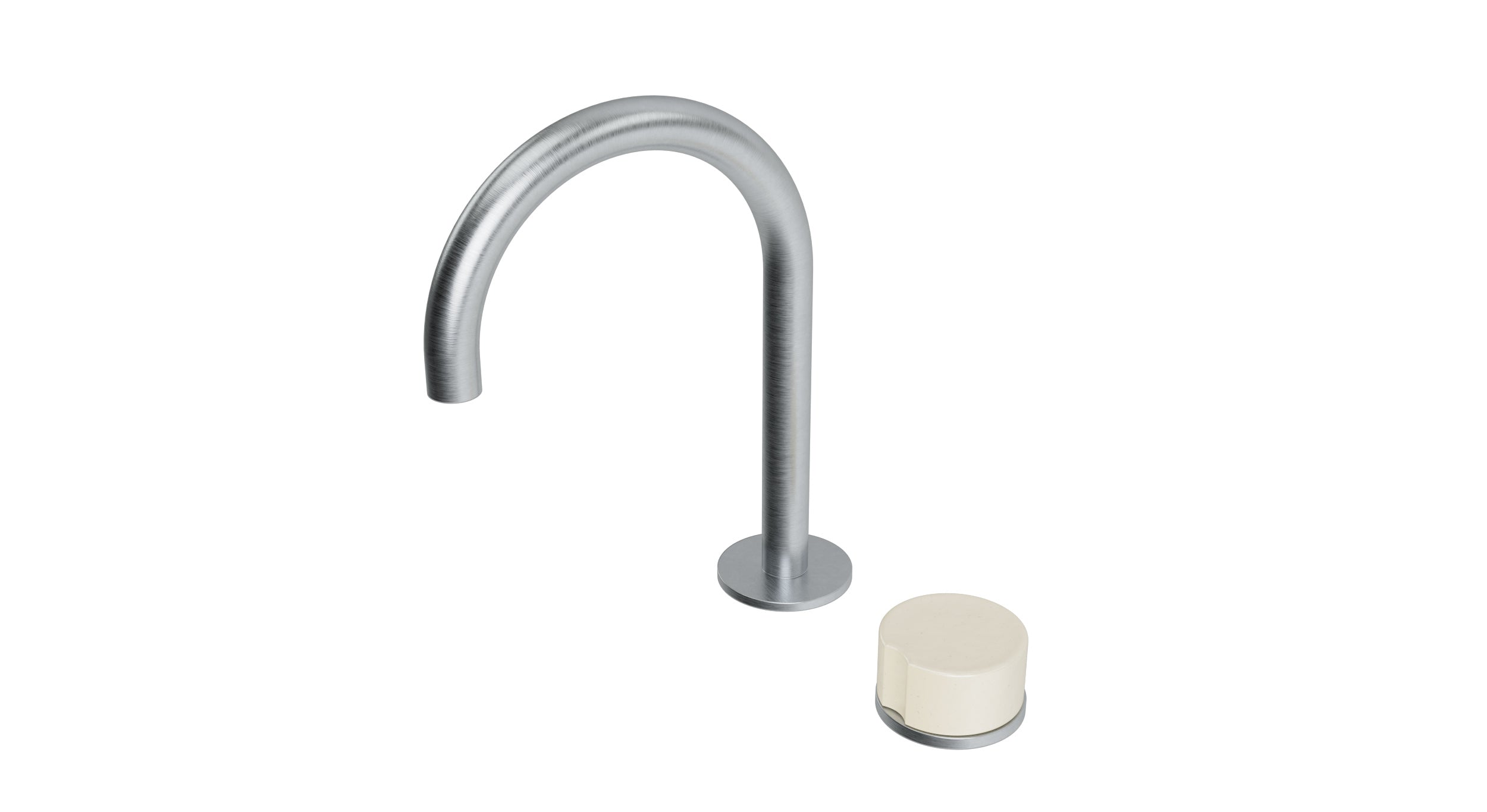 Foundry One Handle Deck Mount Gooseneck Lavatory Faucet with Groove Ceramic Knob Handle in Satin Chrome