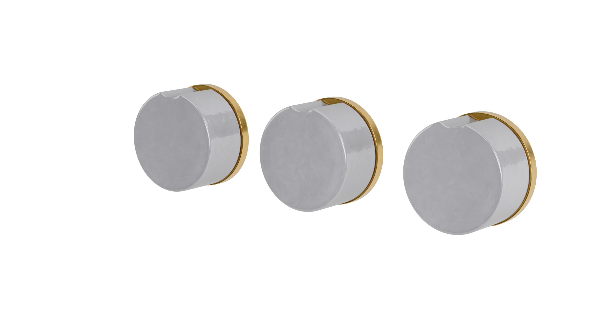 Foundry Three Handle Wall Mount Bath Trim with Diverter/Volume Control and Groove Ceramic Knob Handles in French Brass