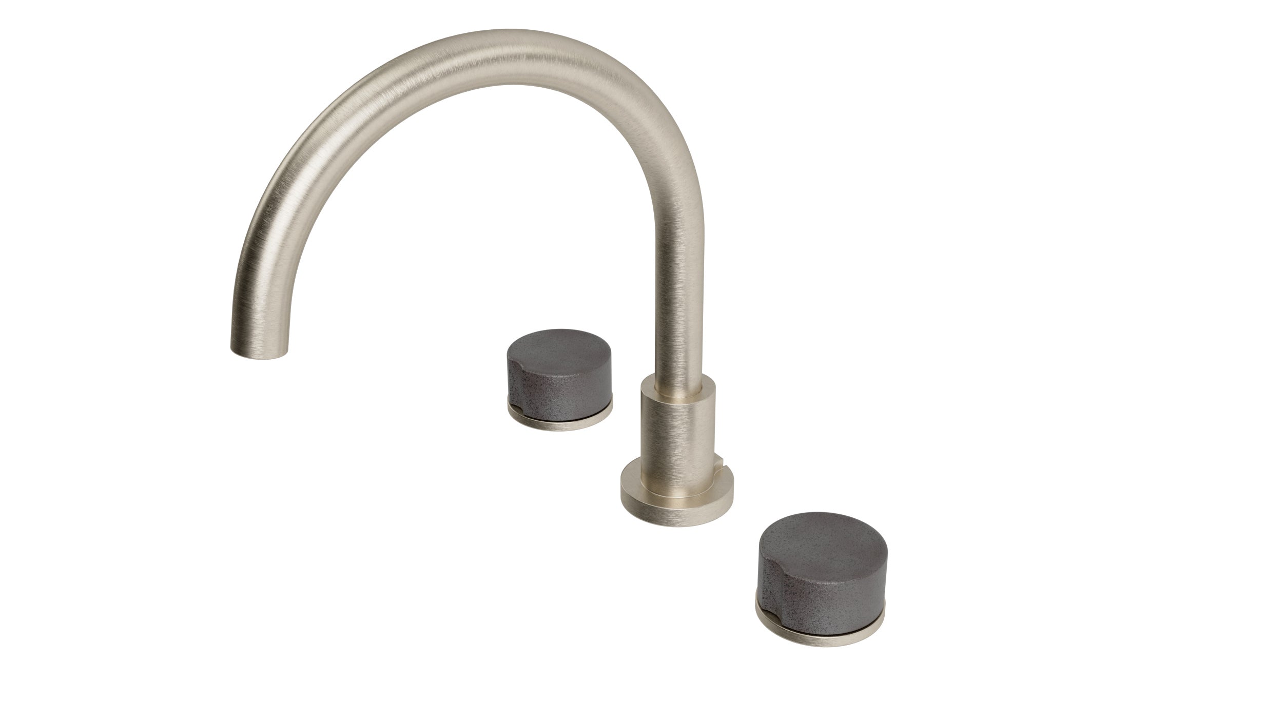 Foundry Two Handle Deck Mount Gooseneck Bath Trim with Groove Ceramic Knob Handles in Satin Nickel