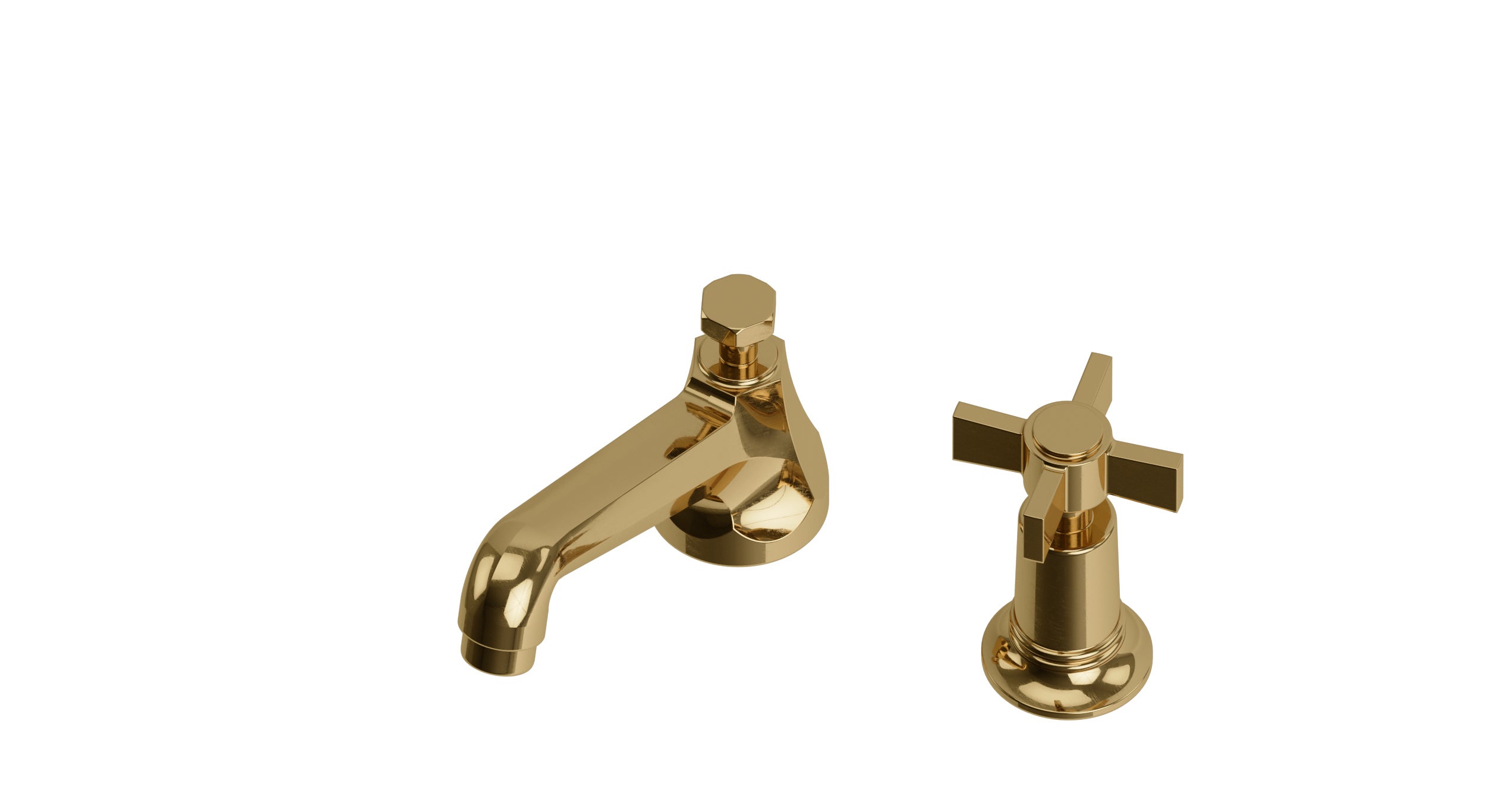 Emerson One Handle Deck Mount Low Hexagon Lavatory Faucet with Defined Cross Handle in Uncoated Polished Brass