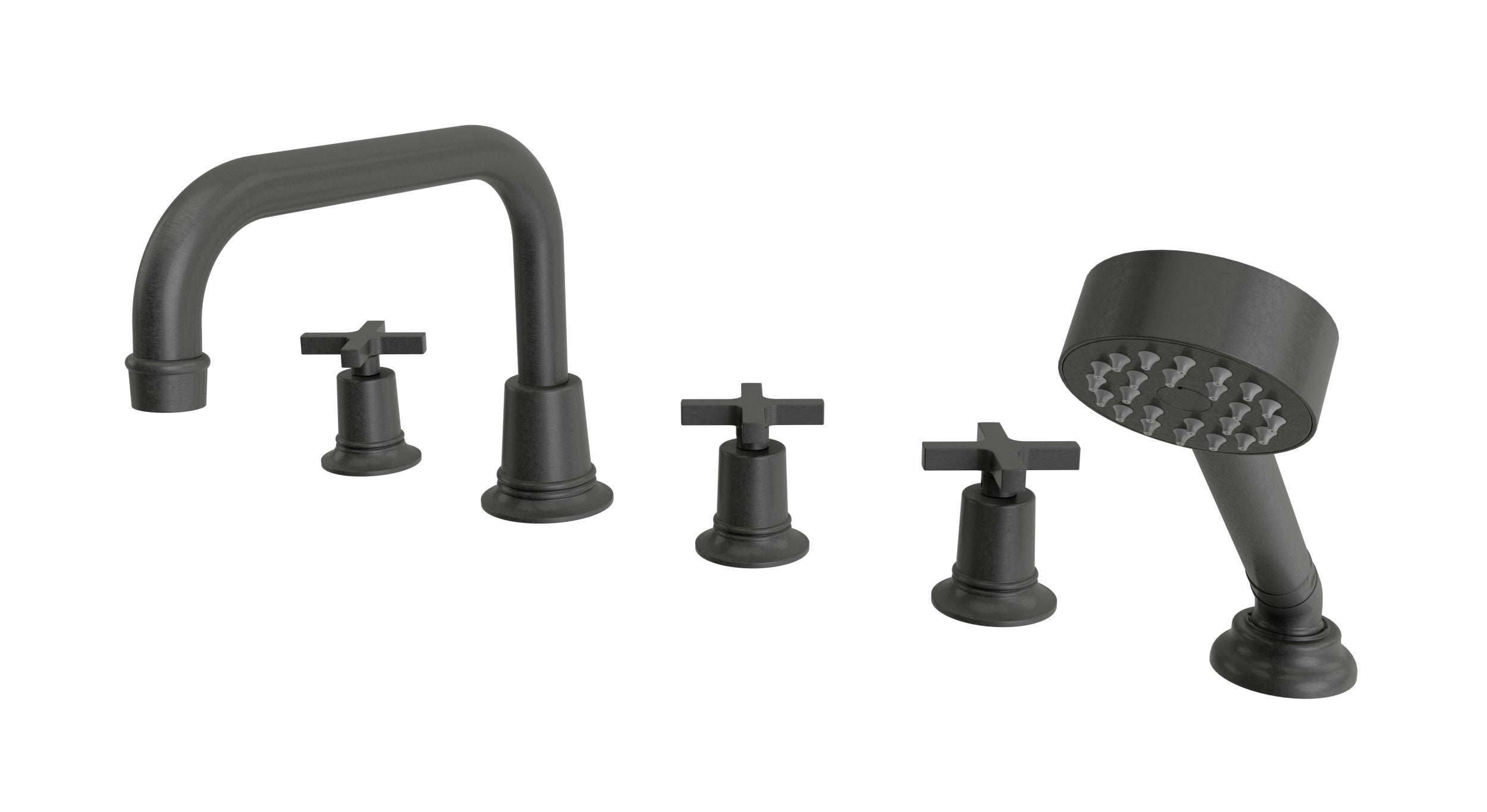 Emerson Three Handle Deck Mount Squaretop Bath Trim with Hand Shower and Classic Cross Handles in Blackened Nickel