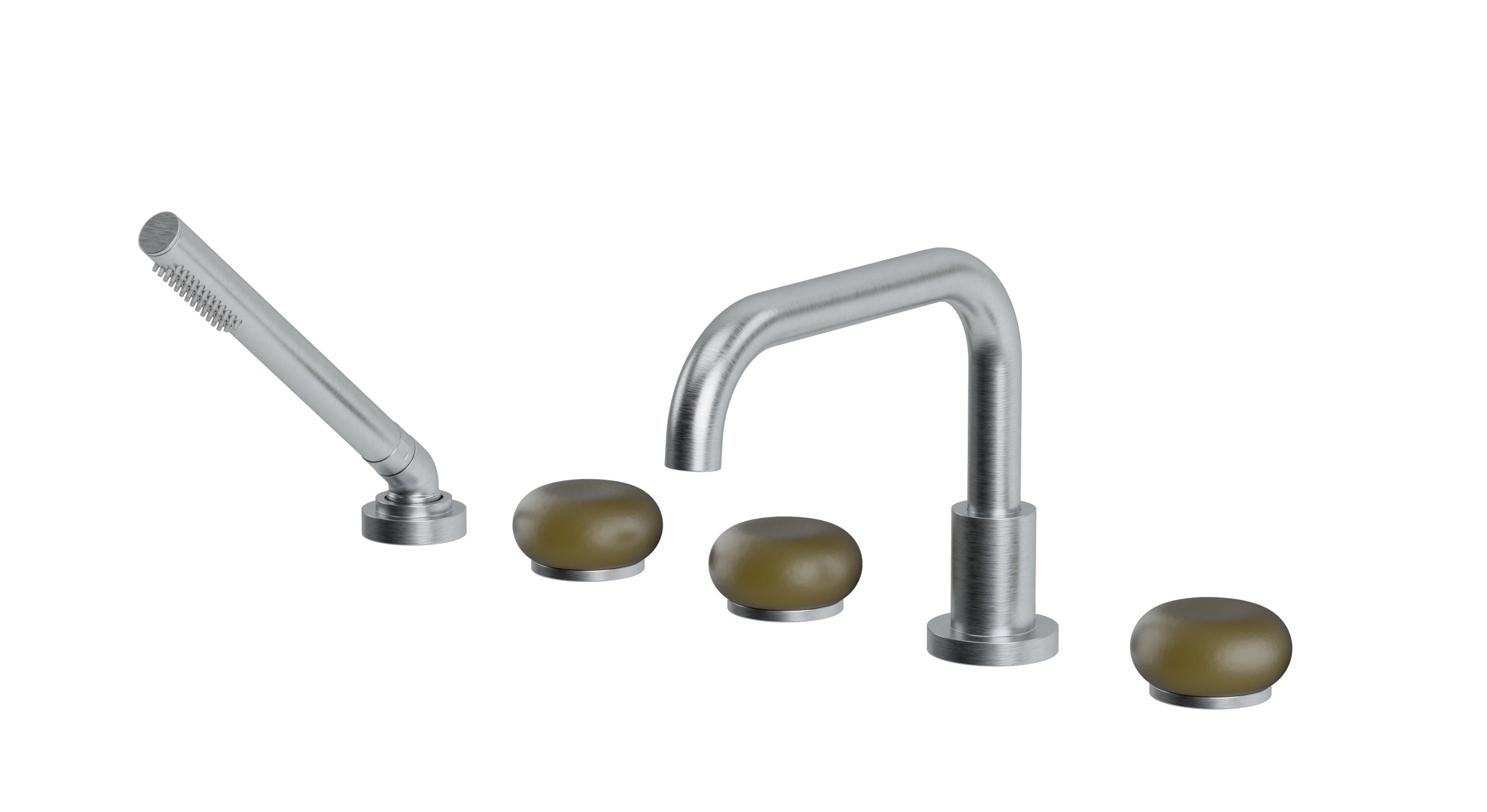 Foundry Three Handle Deck Mount Squaretop Bath Trim with Hand Shower and Pebble Ceramic Knob Handles in Satin Chrome