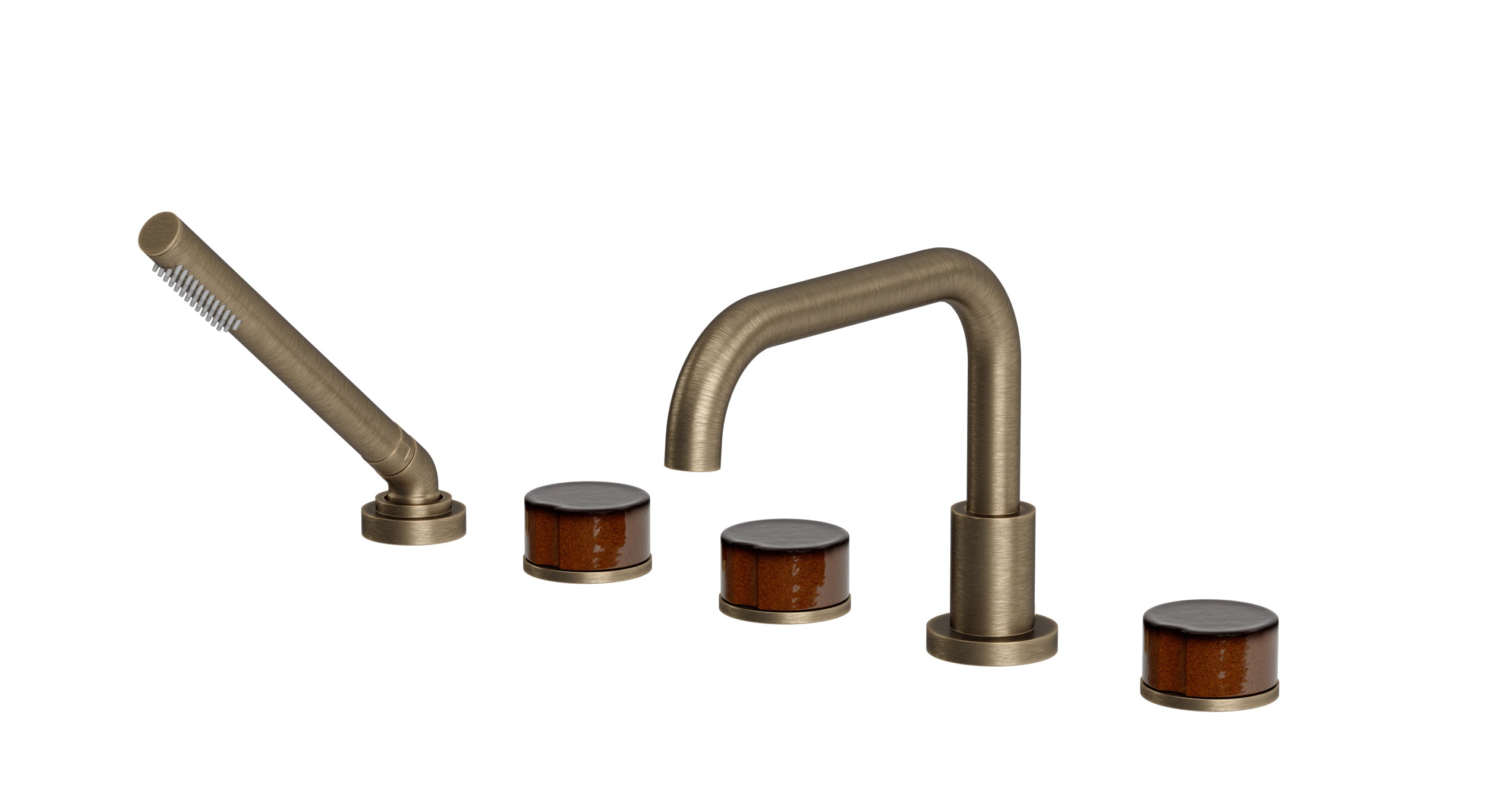 Foundry Three Handle Deck Mount Squaretop Bath Trim with Hand Shower and Groove Ceramic Knob Handles in Antique Brass