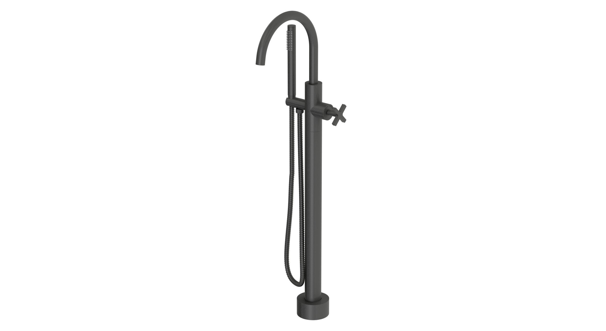 Flatiron One Handle Floor Mount Gooseneck Bath Trim with Hand Shower and Linear Cross Handle in Blackened Nickel