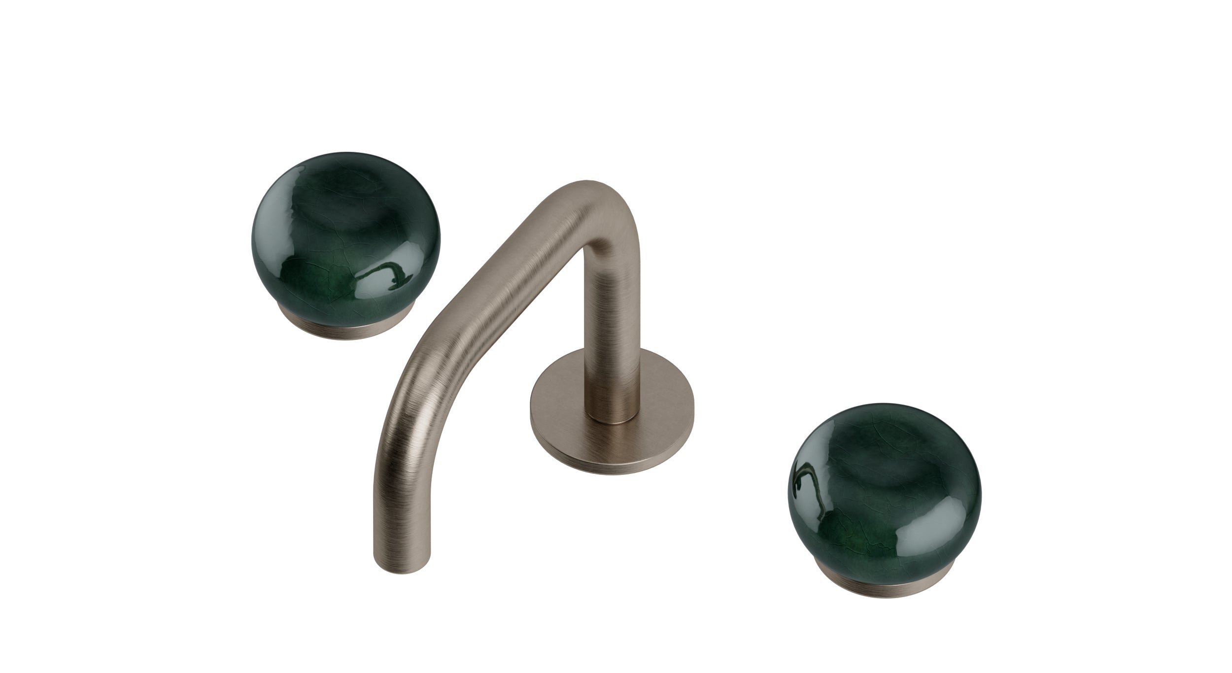 Foundry Two Handle Deck Mount Squaretop Lavatory Faucet with Pebble Ceramic Knob Handles in Antique Nickel
