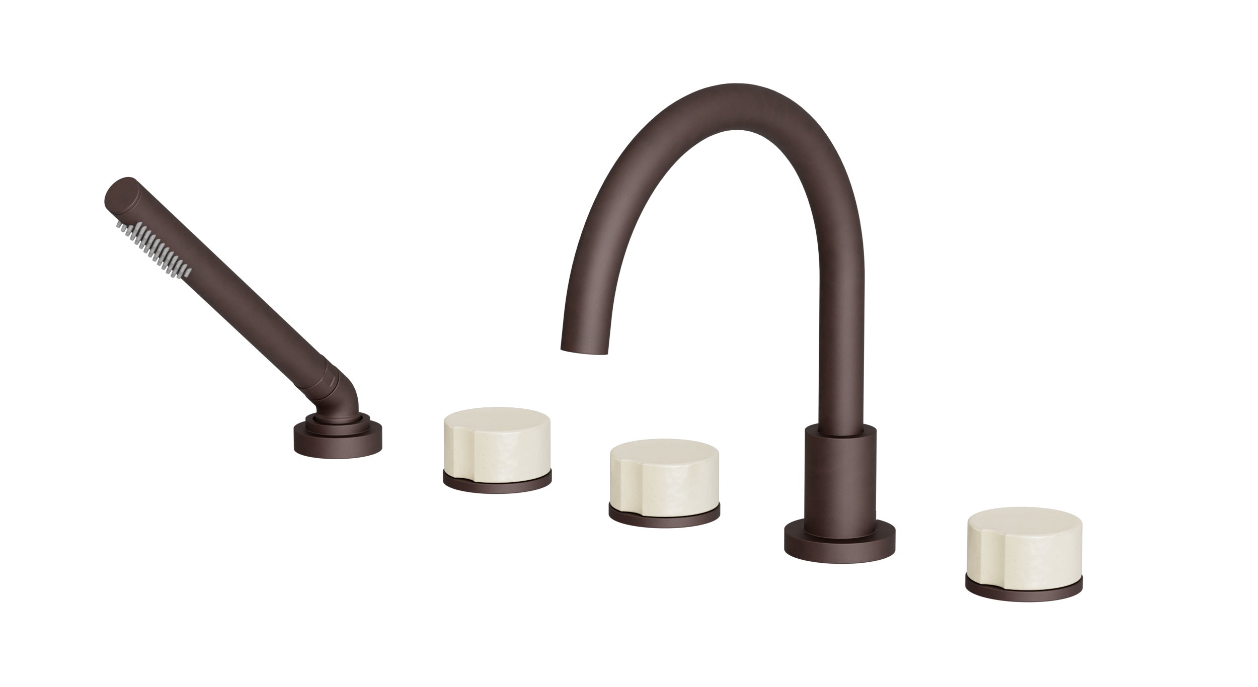 Foundry Three Handle Deck Mount Gooseneck Bath Trim with Hand Shower and Groove Ceramic Knob Handles in Architectural Copper