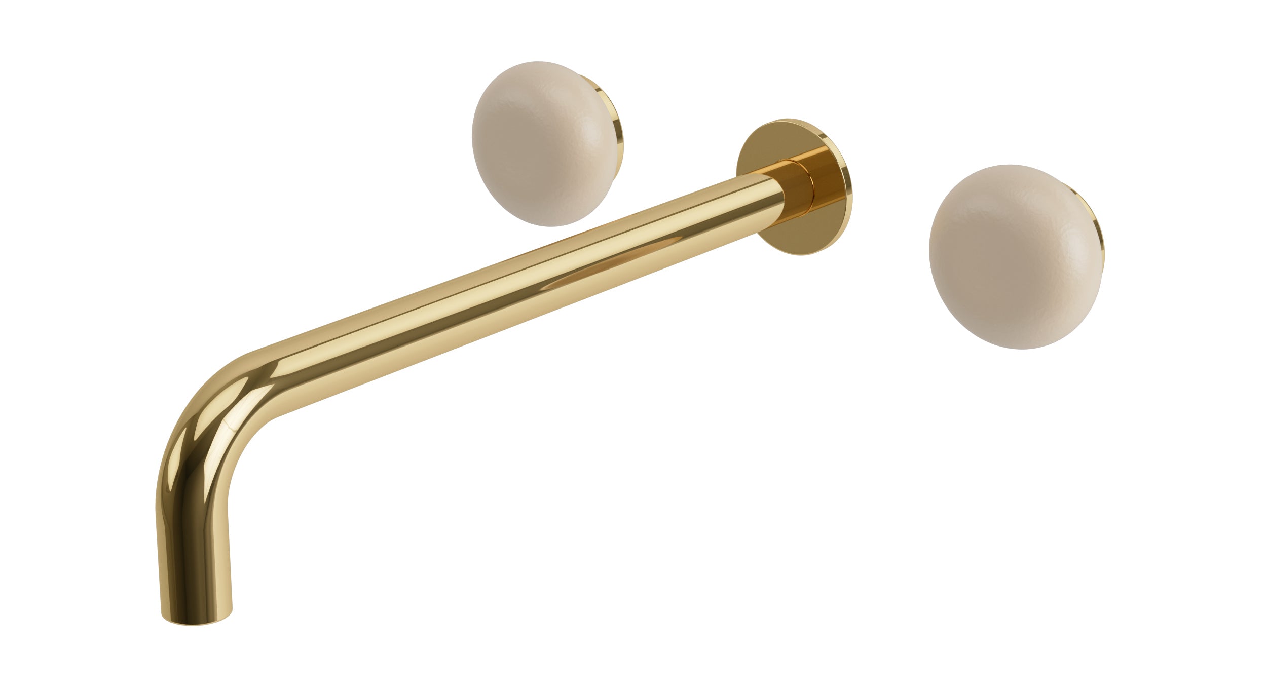 Foundry Two Handle Wall Mount 12" Lavatory Faucet with Pebble Ceramic Knob Handles in Polished Brass