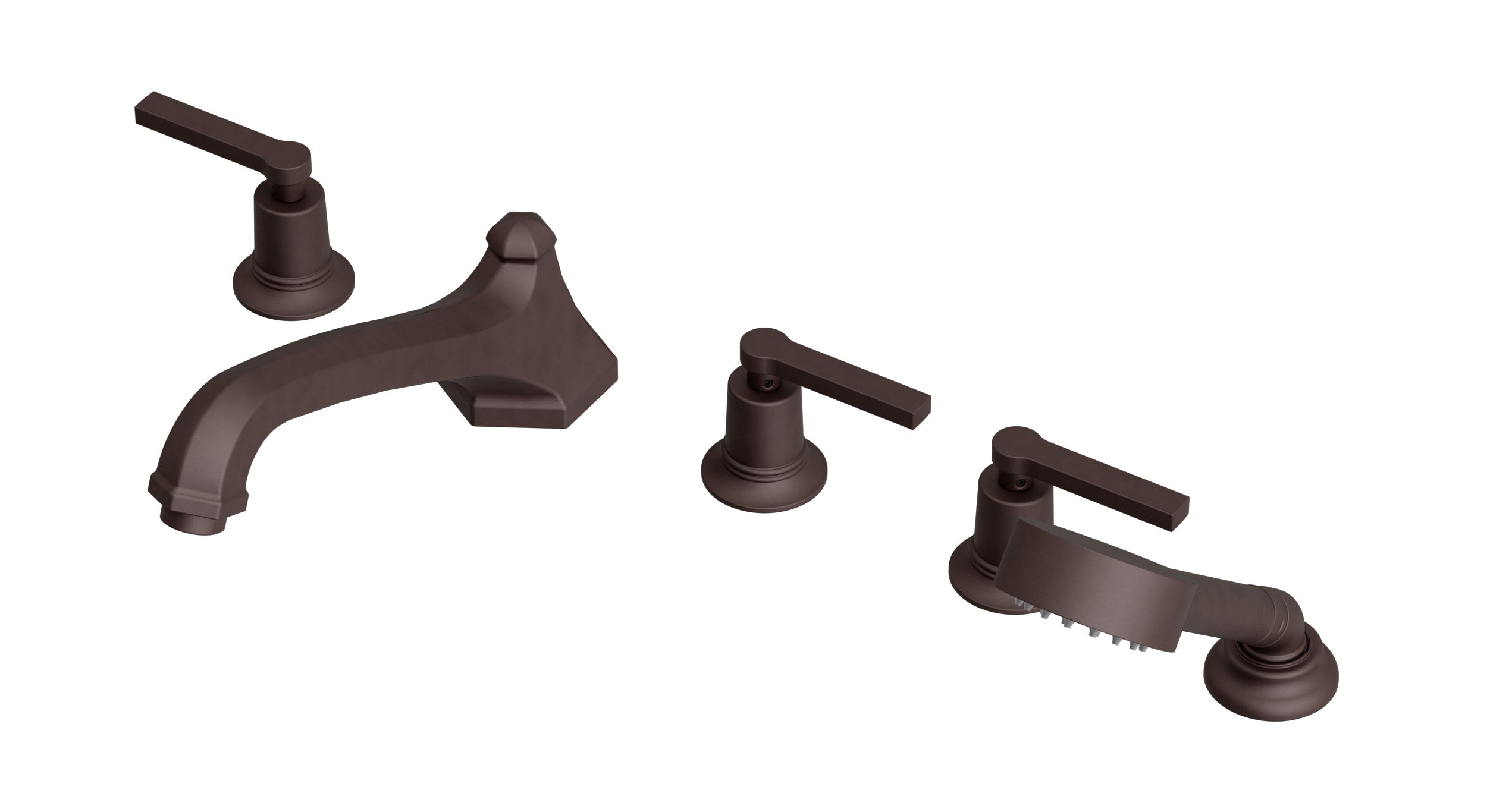 Emerson Three Handle Deck Mount Low Hexagon Bath Trim with Hand Shower and Classic Lever Handles in Architectural Copper
