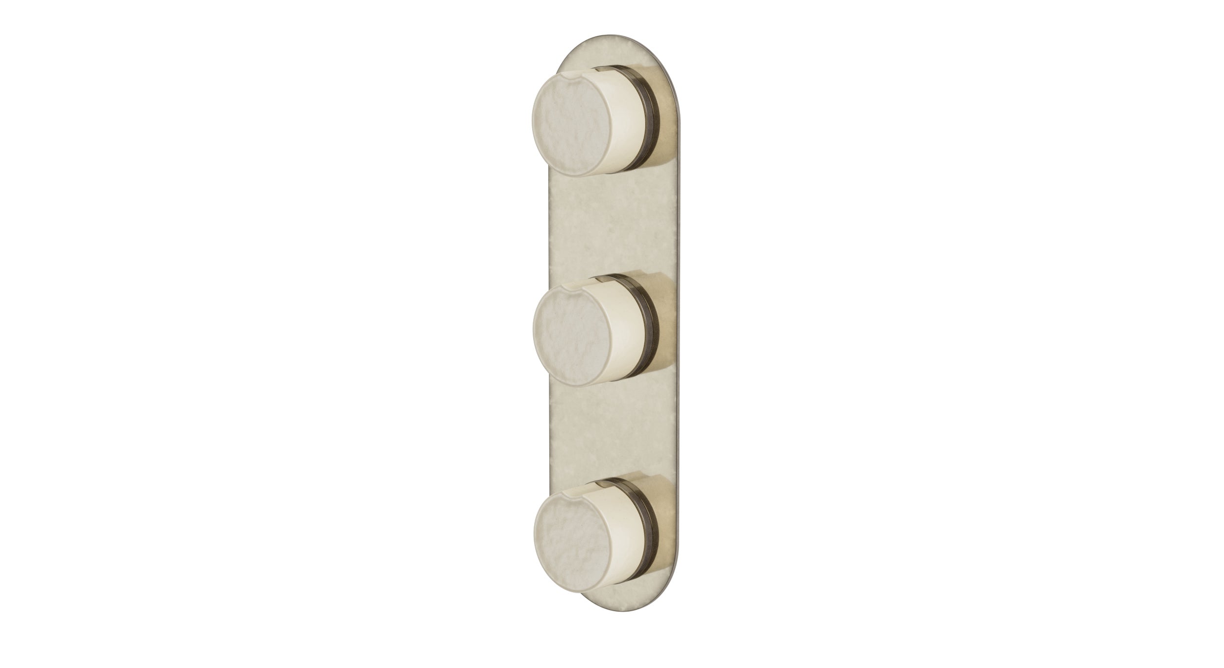 Foundry Three Handle Wall Mount Shower Trim with Groove Ceramic Knob Handles in French Nickel