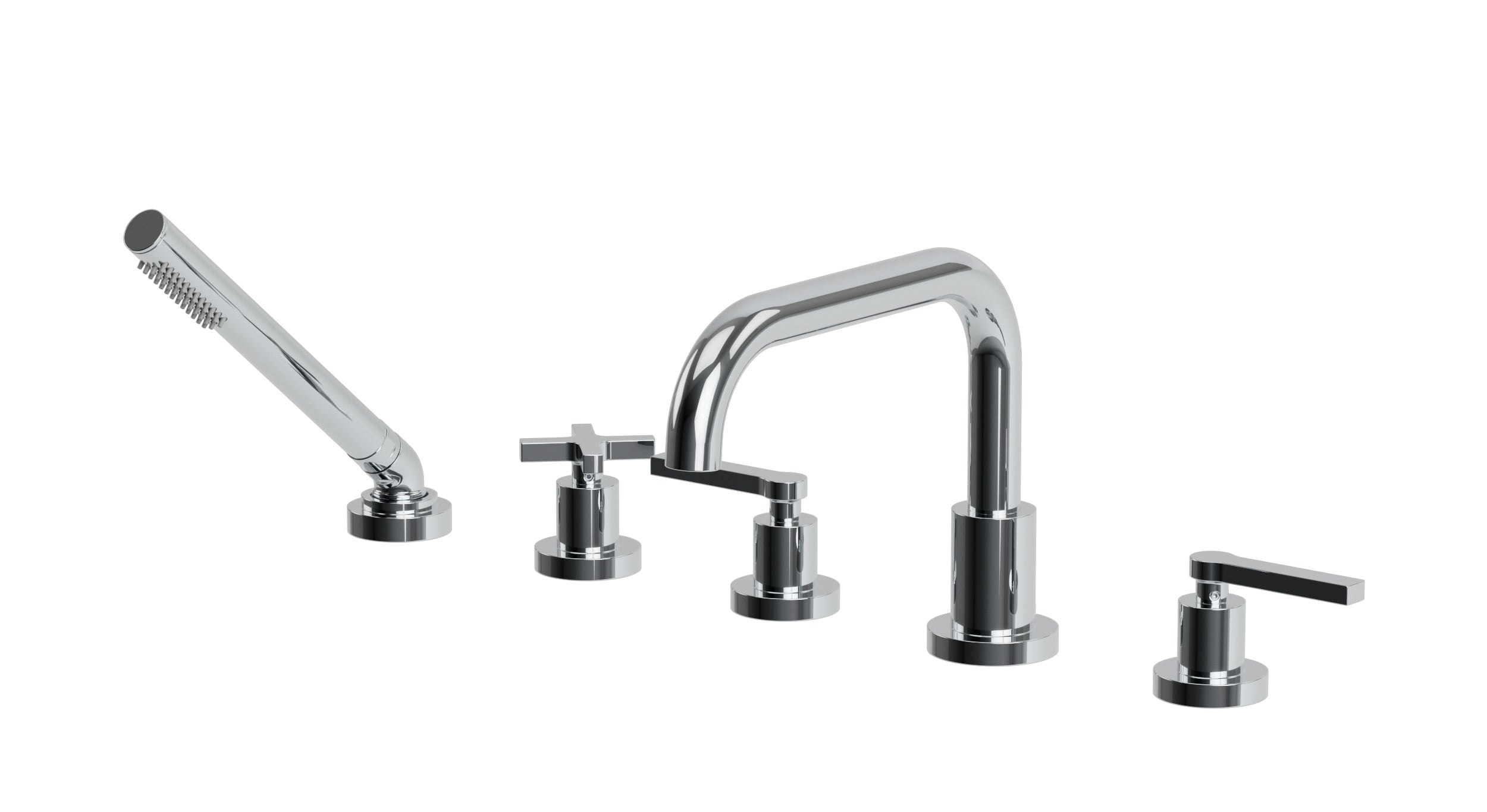 Flatiron Three Handle Deck Mount Squaretop Bath Trim with Hand Shower and Linear Cross/Linear Lever Handles in Polished Chrome