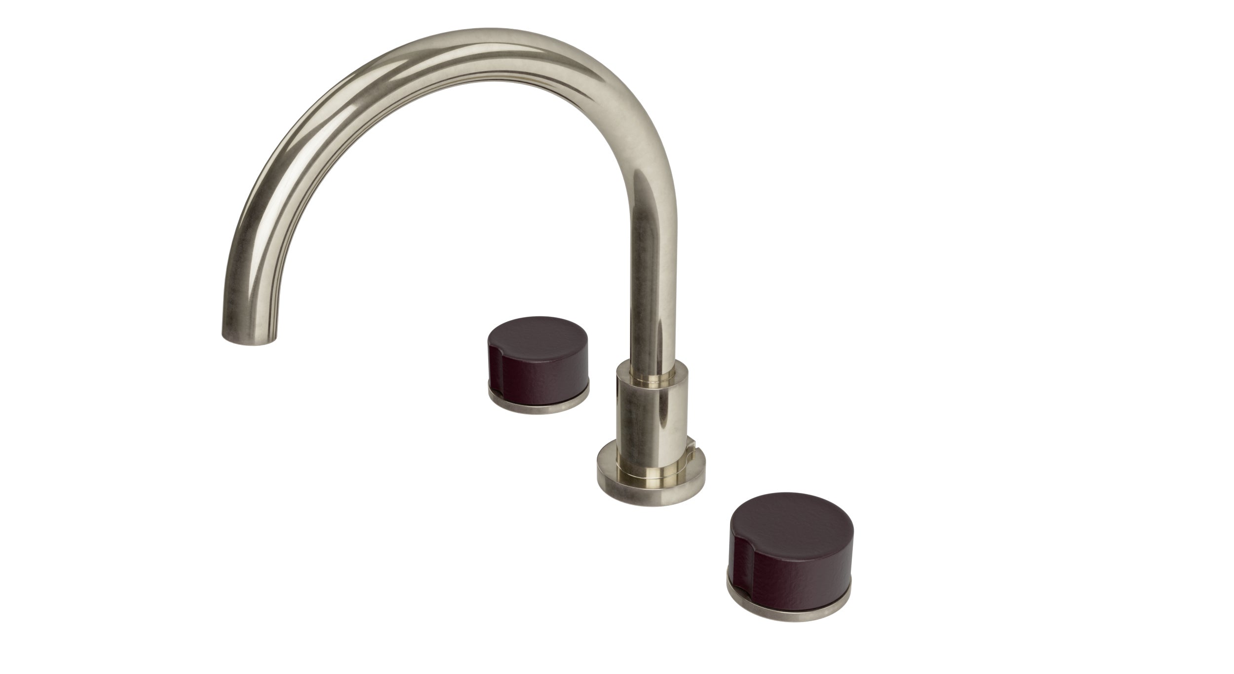 Foundry Two Handle Deck Mount Gooseneck Bath Trim with Groove Ceramic Knob Handles in French Nickel