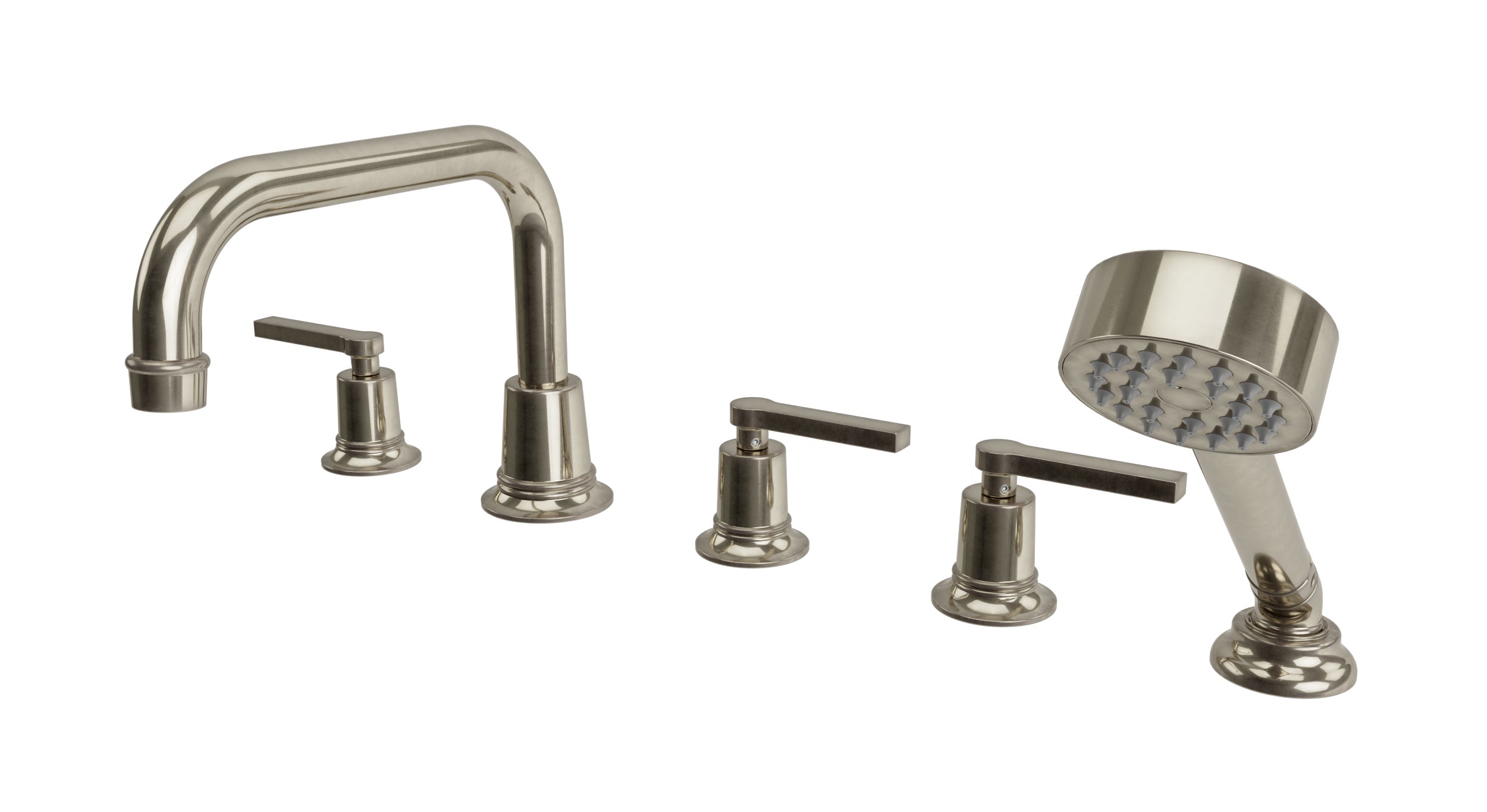 Emerson Three Handle Deck Mount Squaretop Bath Trim with Hand Shower and Classic Lever Handles in French Nickel