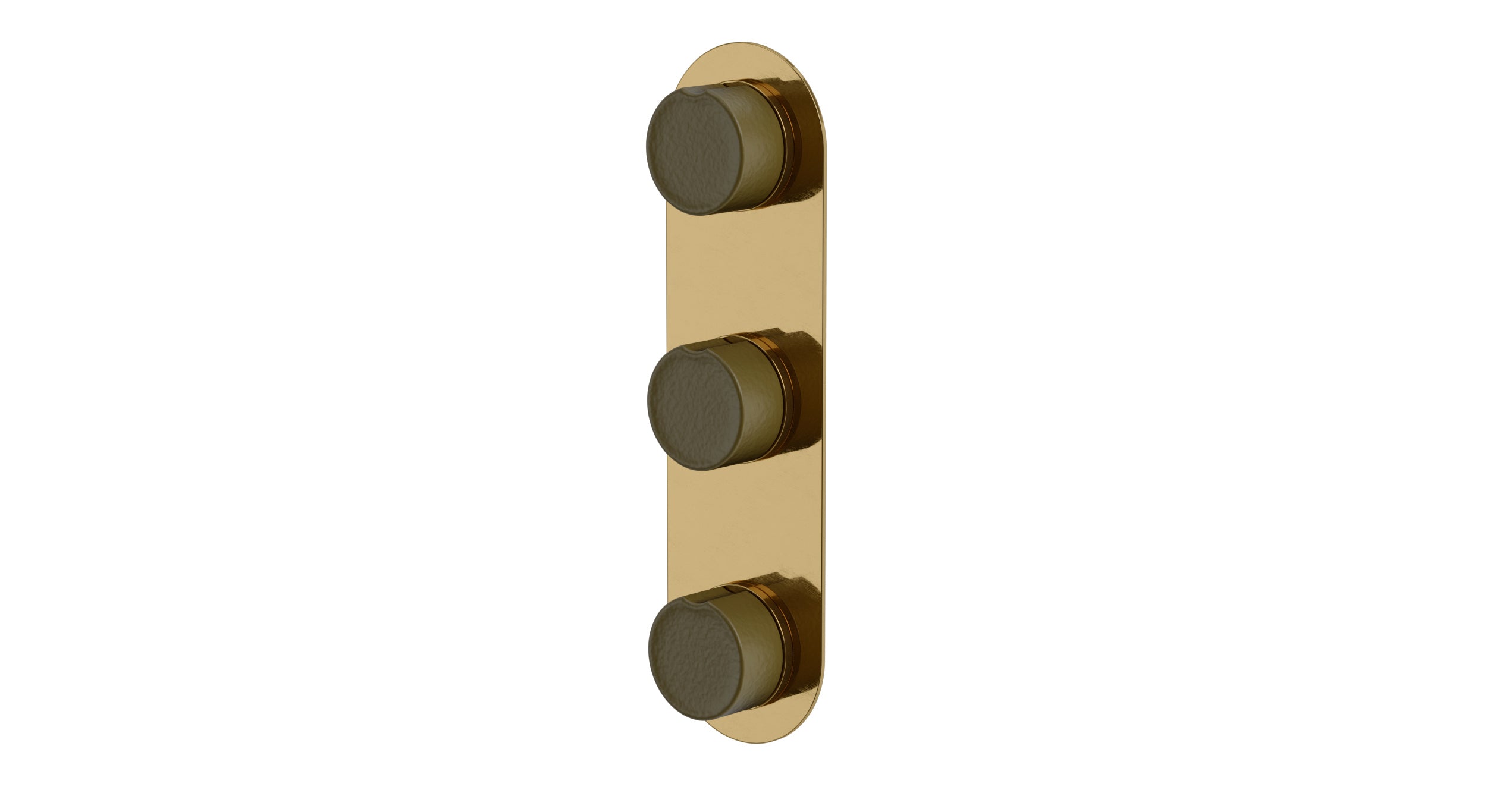 Foundry Three Handle Wall Mount Shower Trim with Groove Ceramic Knob Handles in Uncoated Polished Brass