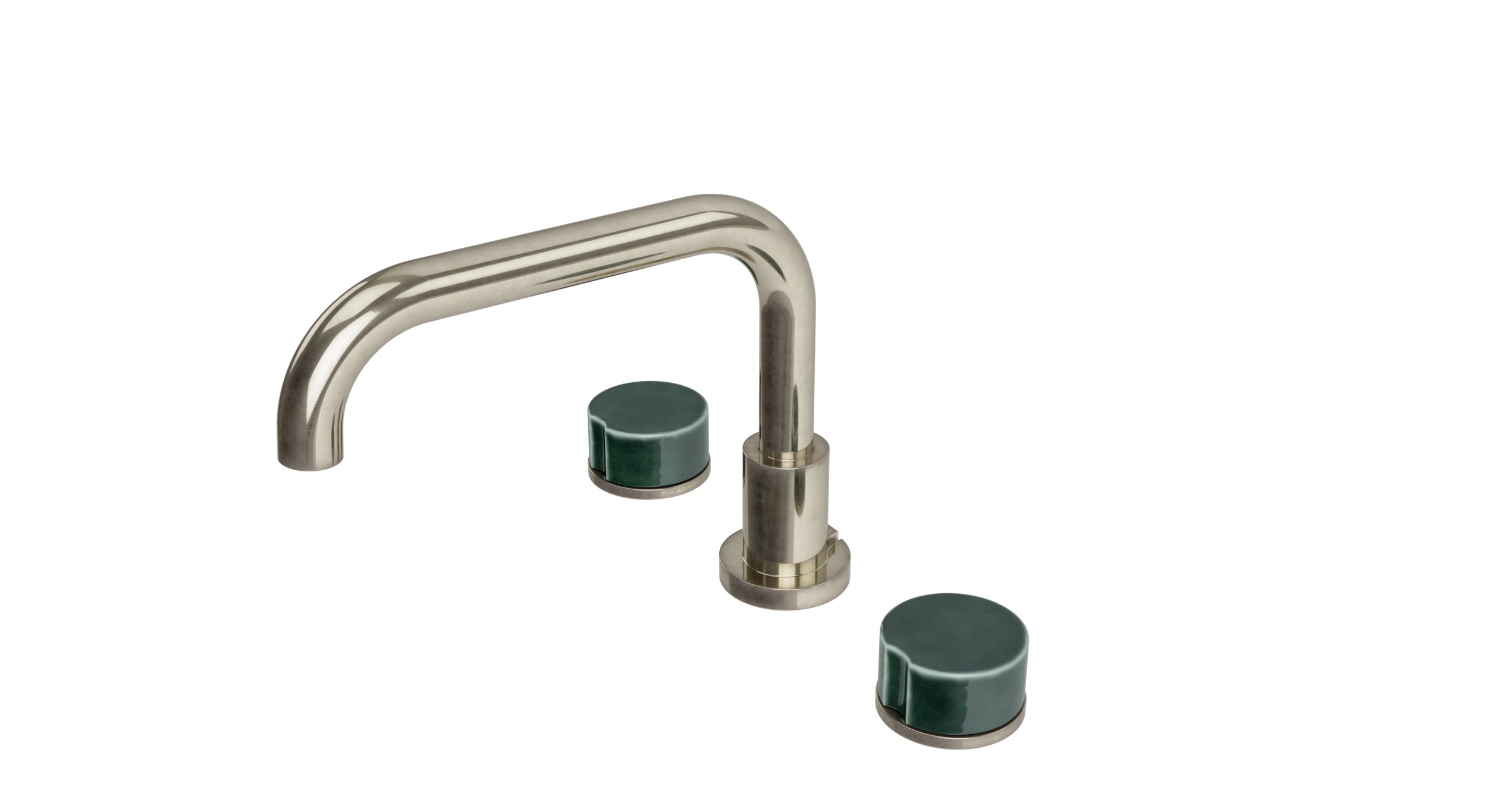 Foundry Two Handle Deck Mount Squaretop Bath Trim with Groove Ceramic Knob Handles in French Nickel