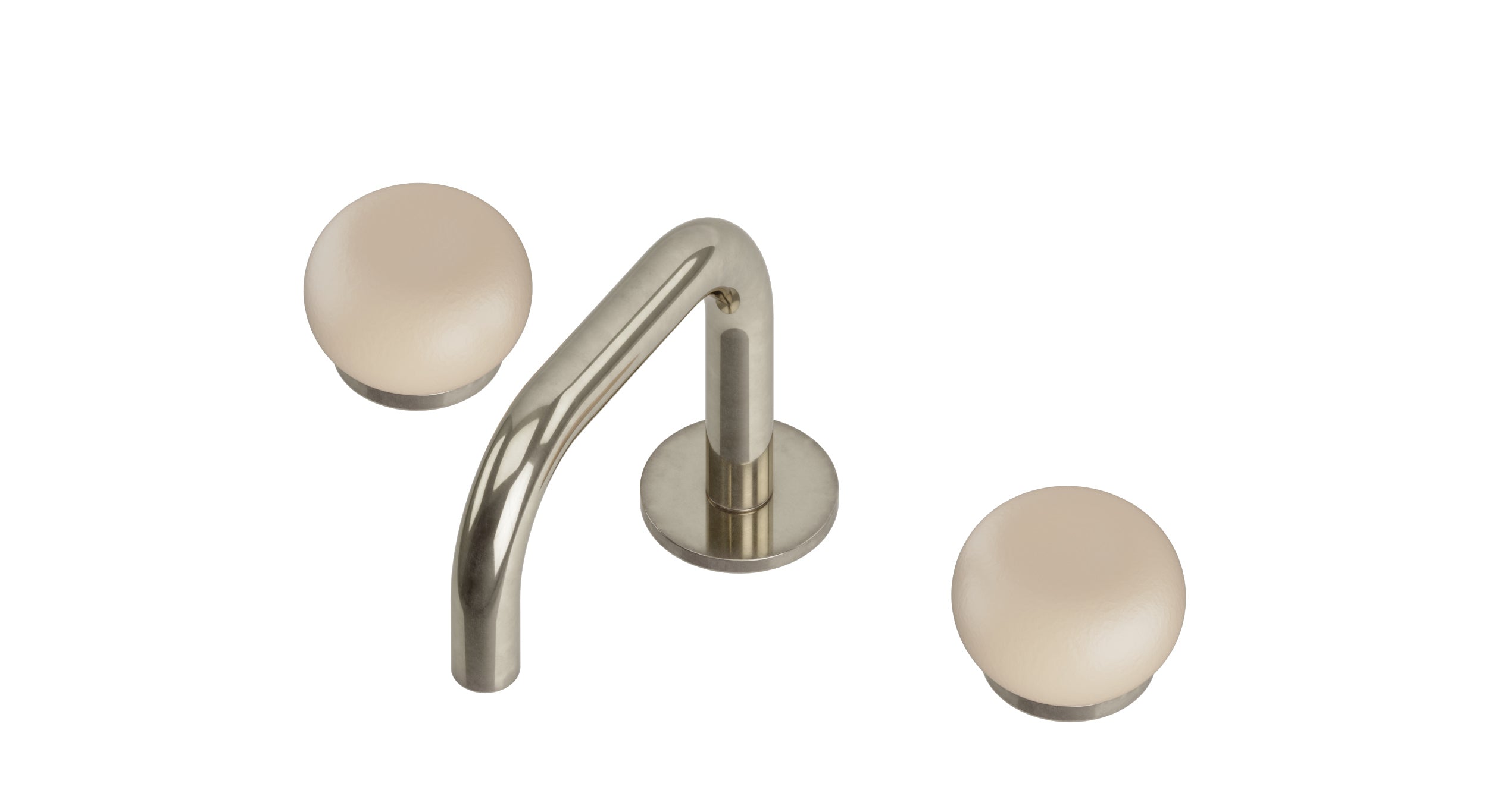 Foundry Two Handle Deck Mount Squaretop Lavatory Faucet with Pebble Ceramic Knob Handles in French Nickel
