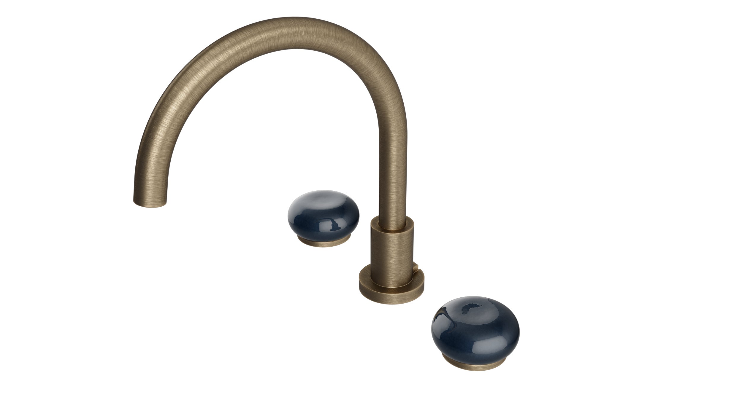 Foundry Two Handle Deck Mount Gooseneck Bath Trim with Pebble Ceramic Knob Handles in Antique Brass