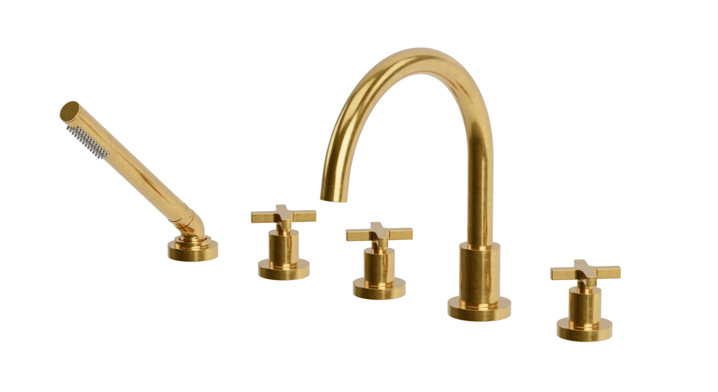 Flatiron Three Handle Deck Mount Gooseneck Bath Trim with Hand Shower and Linear Cross Handles in French Brass
