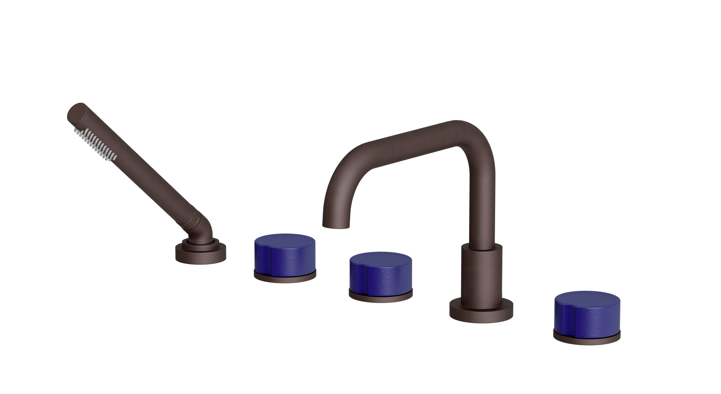 Foundry Three Handle Deck Mount Squaretop Bath Trim with Hand Shower and Groove Ceramic Knob Handles in Architectural Copper