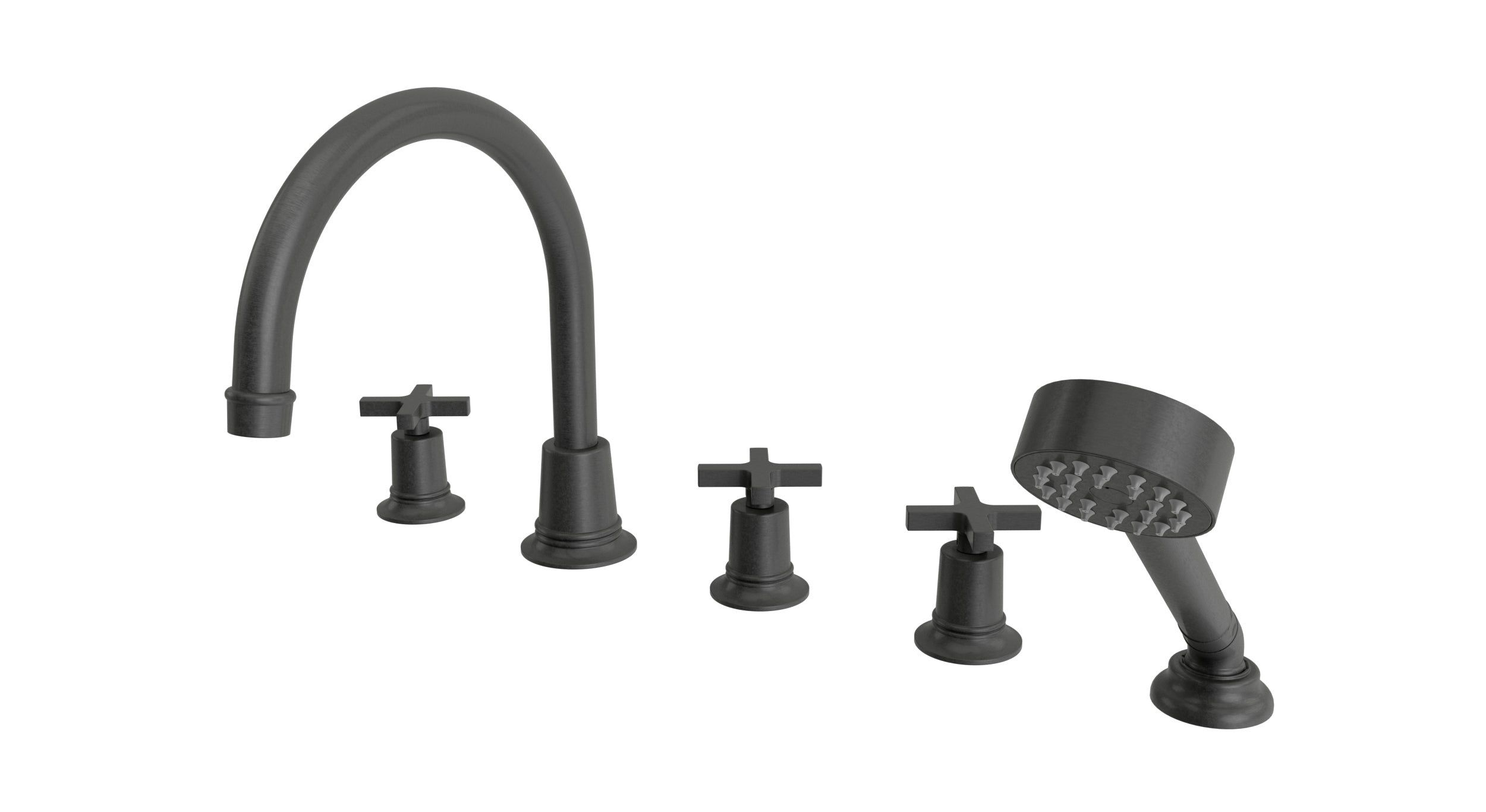 Emerson Three Handle Deck Mount Gooseneck Bath Trim with Hand Shower and Classic Cross Handles in Blackened Nickel