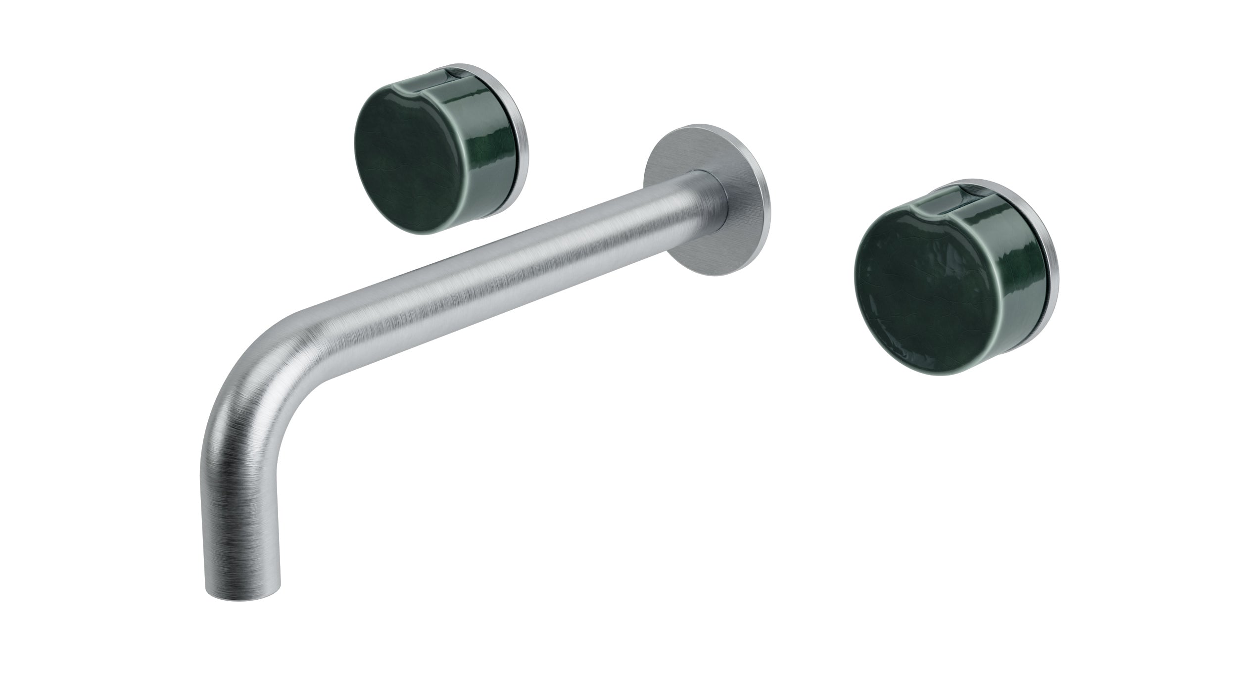 Foundry Two Handle Wall Mount 7.5" Lavatory Faucet with Groove Ceramic Knob Handles in Satin Chrome