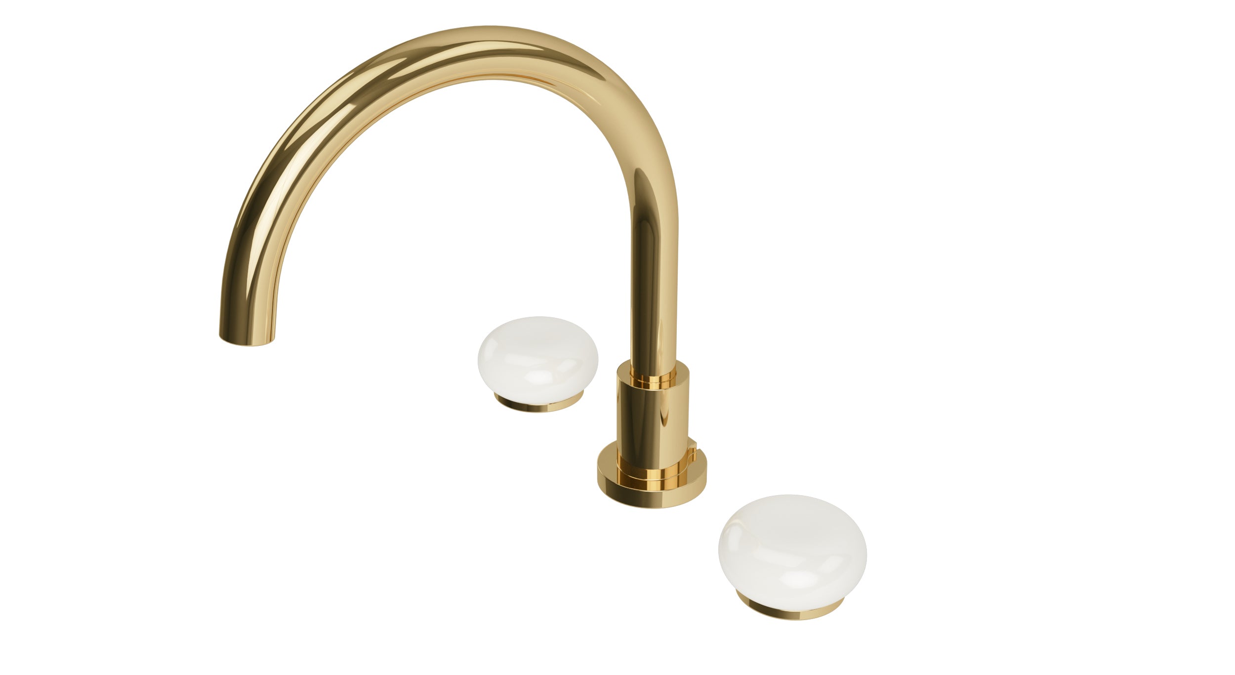 Foundry Two Handle Deck Mount Gooseneck Bath Trim with Pebble Ceramic Knob Handles in Polished Brass